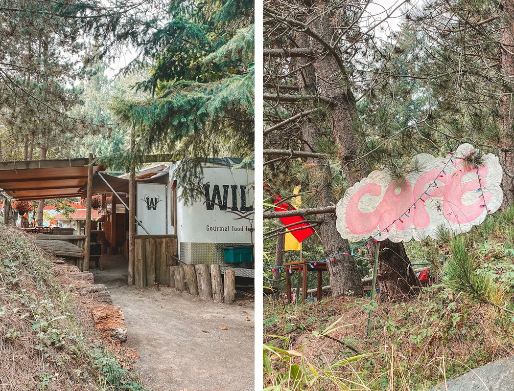 A white food truck with a rustic outdoor seating area, tucked among trees on Galiano Island.