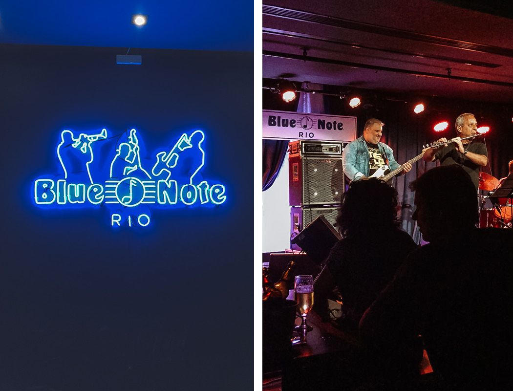 Neon-lit Blue Note Rio sign and a live jazz performance at Blue Note, one of the best jazz clubs in Rio.