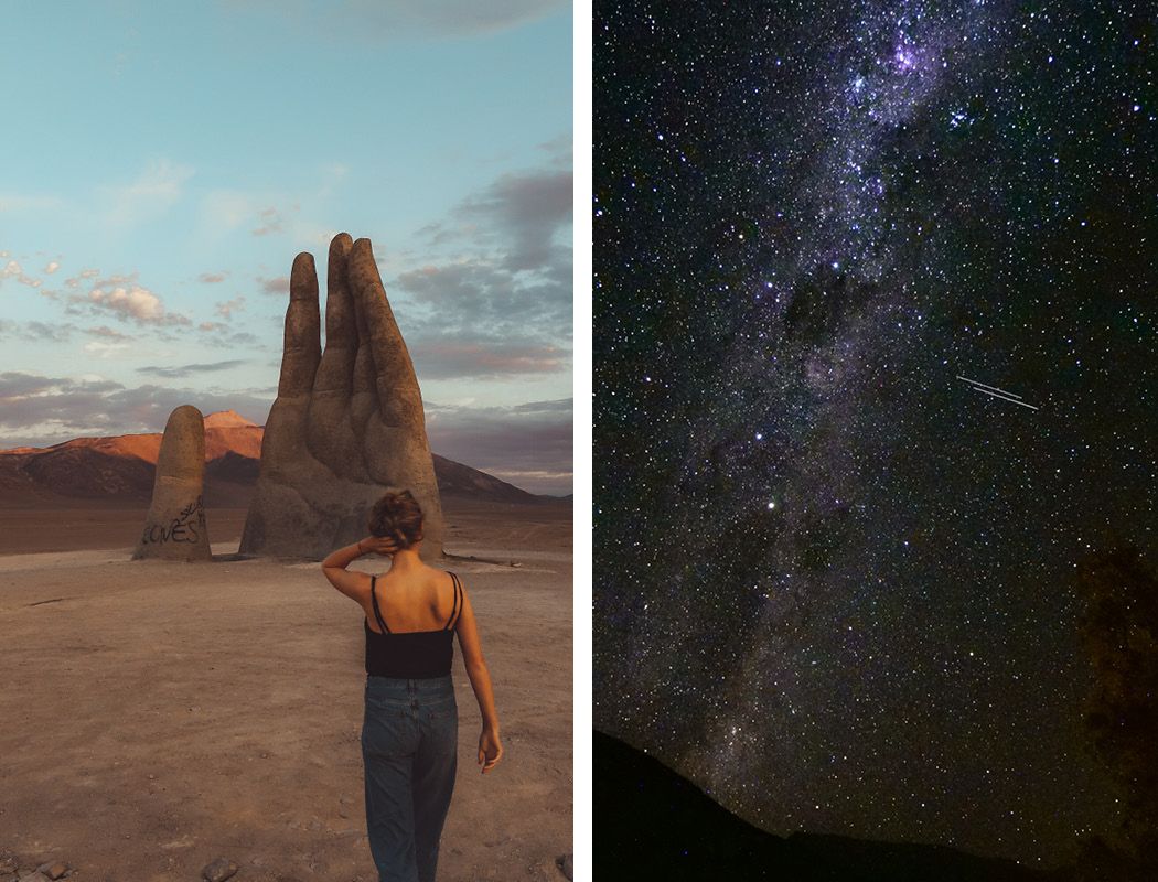 Cec walks toward the giant Hand of the Desert sculpture in Chile’s Atacama Desert; starry night sky with the Milky Way.