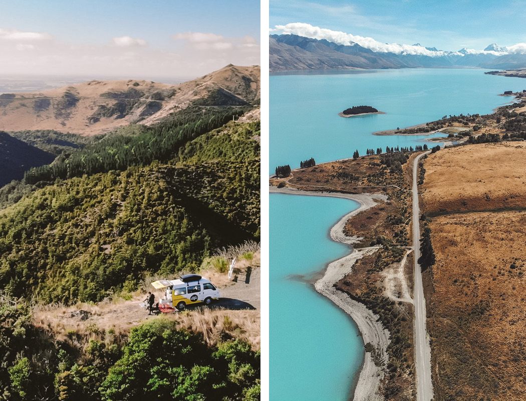 Left: Campervan parked on a mountain viewpoint surrounded by green hills on New Zealand's South Island. Right: Aerial view of a winding road beside turquoise Lake Pukaki.