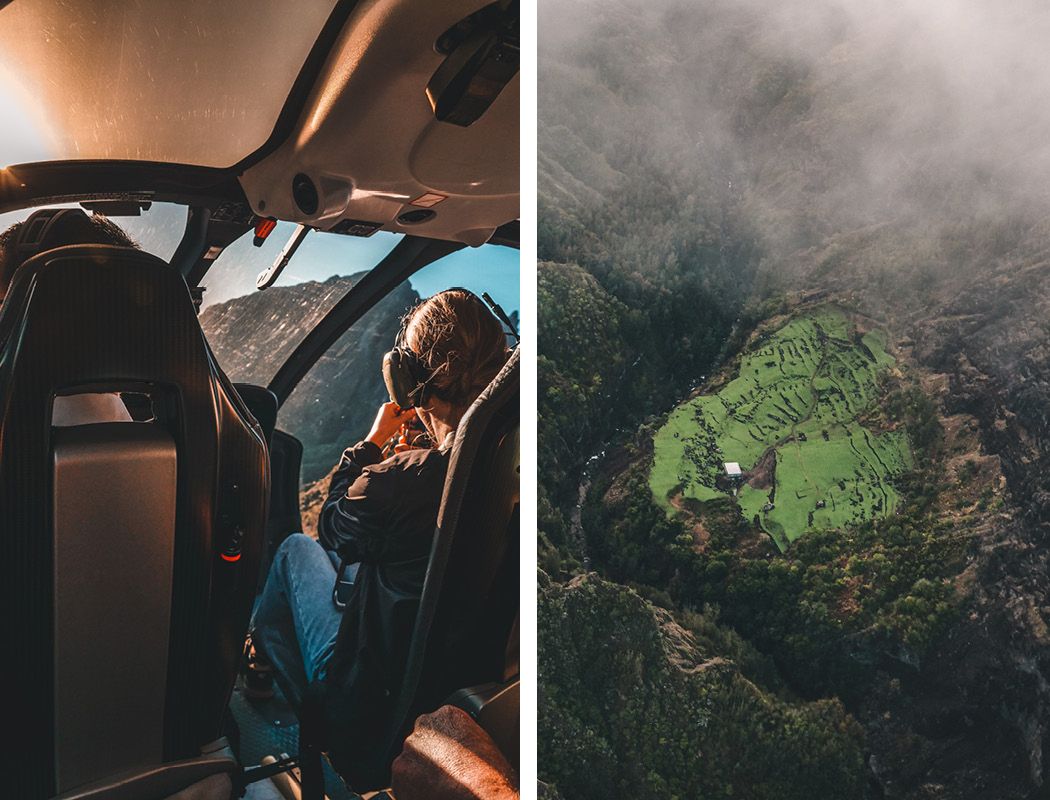 Cec captures aerial views through the cockpit window of a helicopter, with terraced green fields below, veiled by mist.