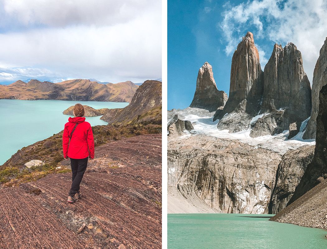 Right: Person standing on a rocky hill overlooking a glacial turquoise lake in Patagonia. Right: The iconic sharp granite towers of Torres del Paine rising above a glacial lake.