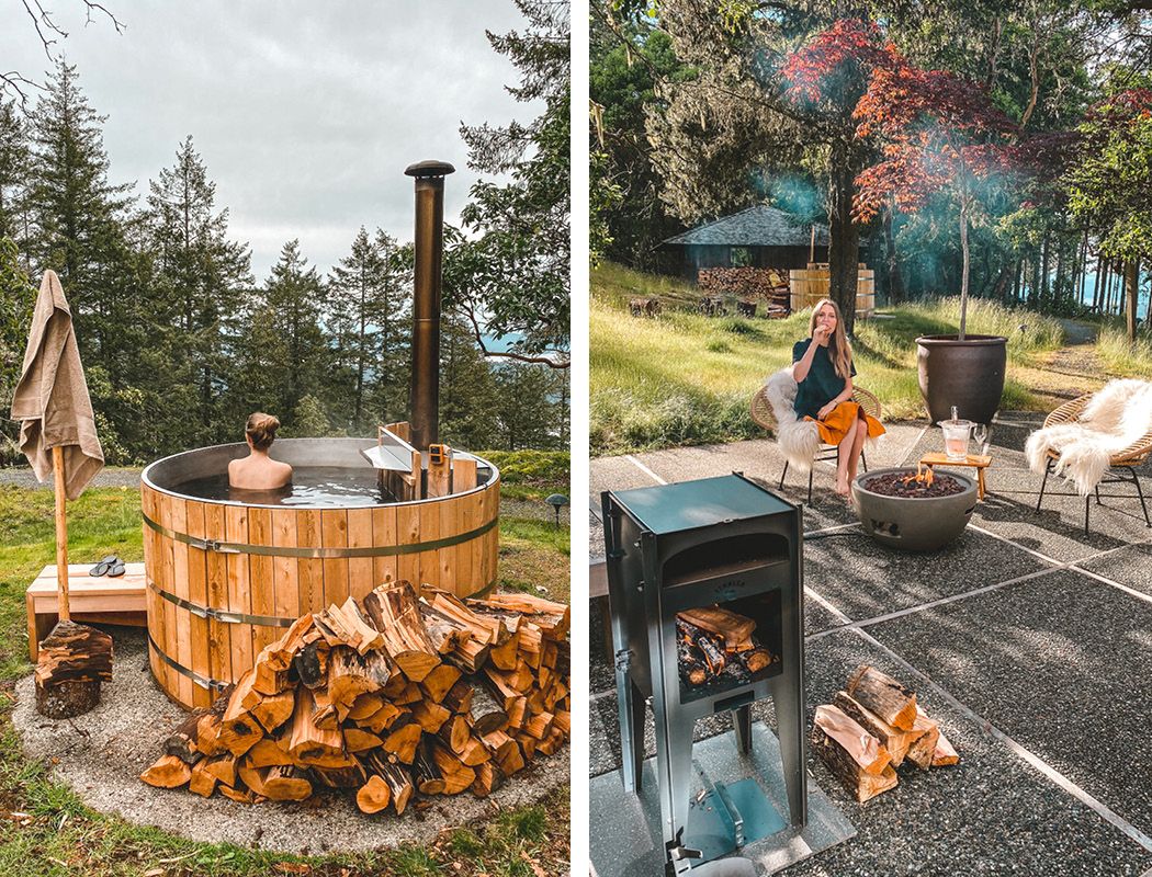 Cec sitting in a wood-fired hot tub and enjoying nature at her home on Salt Spring Island