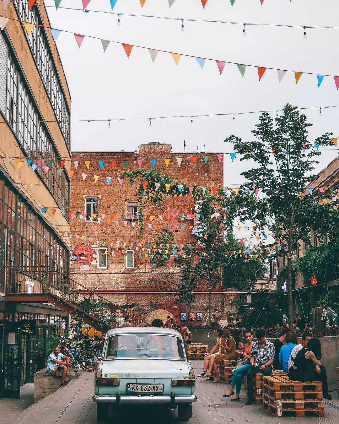 The courtyard of Fabrika, a former Soviet factory turned creative space in Tbilisi