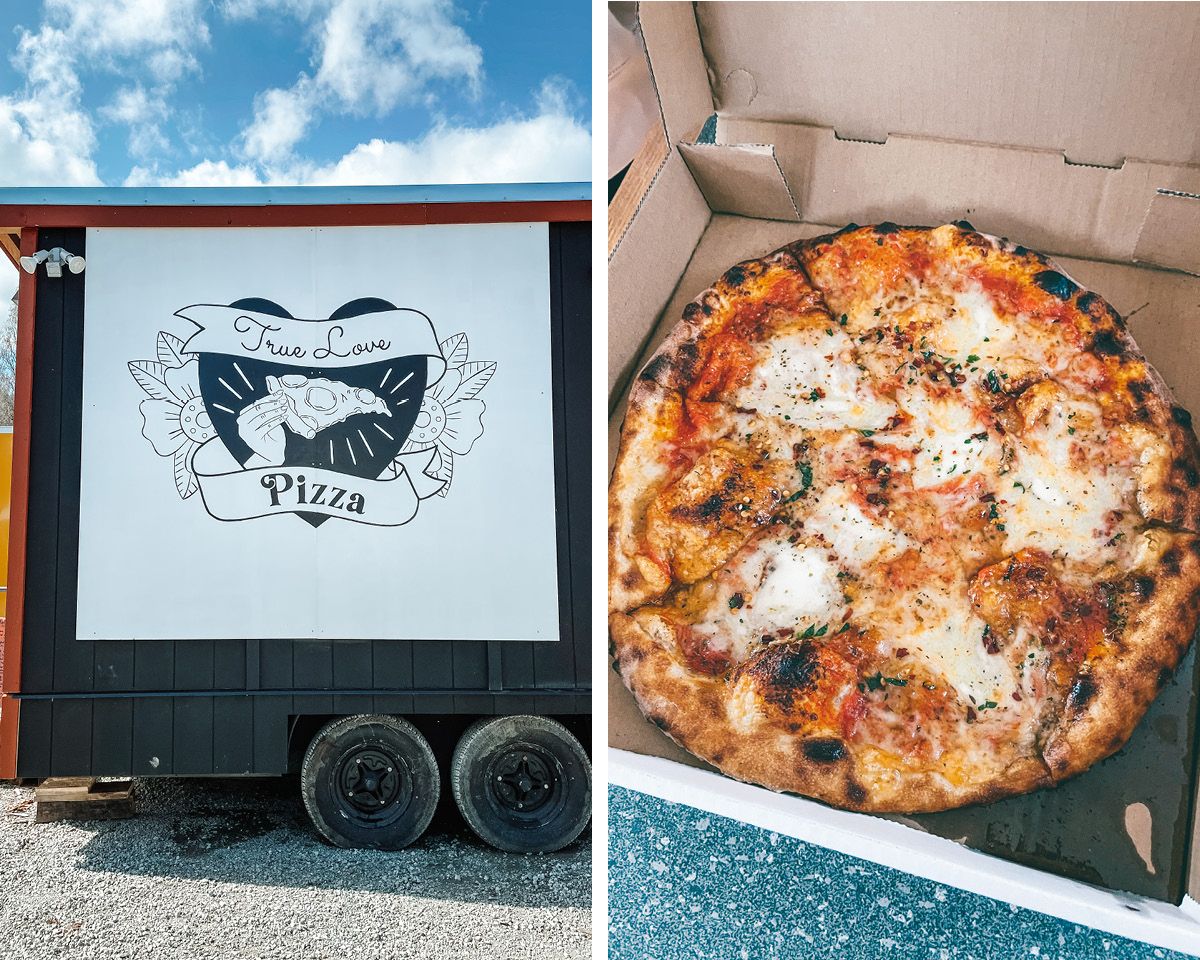 Exterior of the True Love Pizza food truck with a heart-shaped logo, and a close-up of their wood-fired margherita pizza.