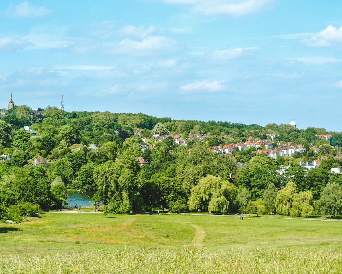 A lush green hill overlooking rooftops, trees, and a small pond, capturing the peaceful nature of Hampstead Heath.