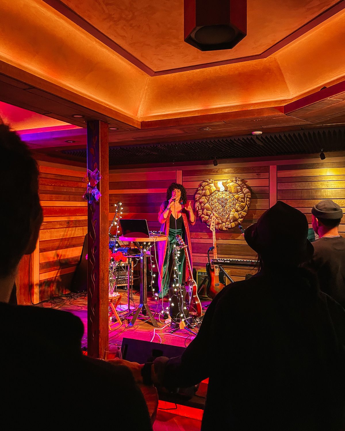 Woman singing live on stage at Mateada under ambient lighting, with guests watching from the crowd.