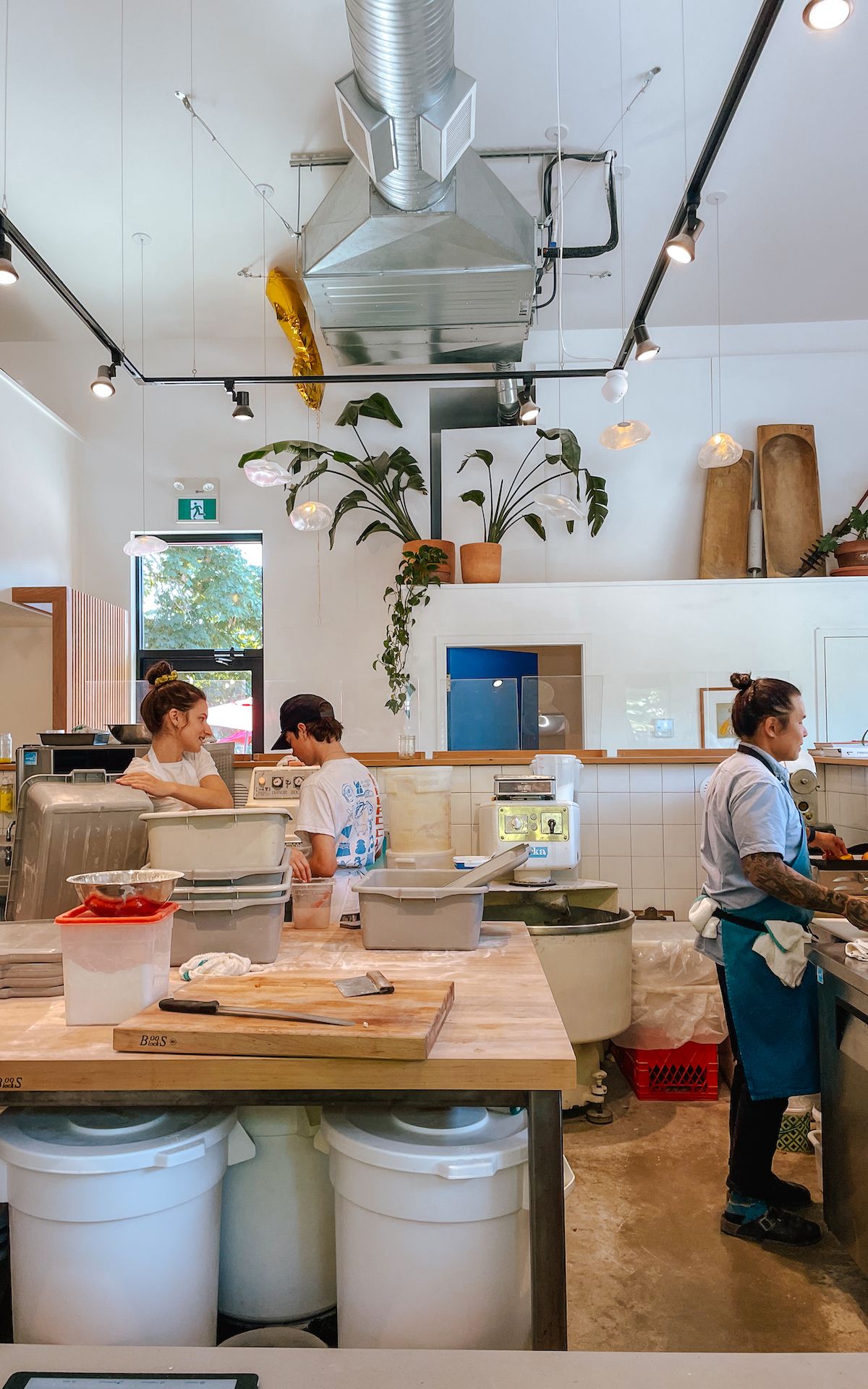 Open kitchen at Francis Bread bakery on Salt Spring Island, with bakers preparing fresh dough behind a rustic wooden counter.