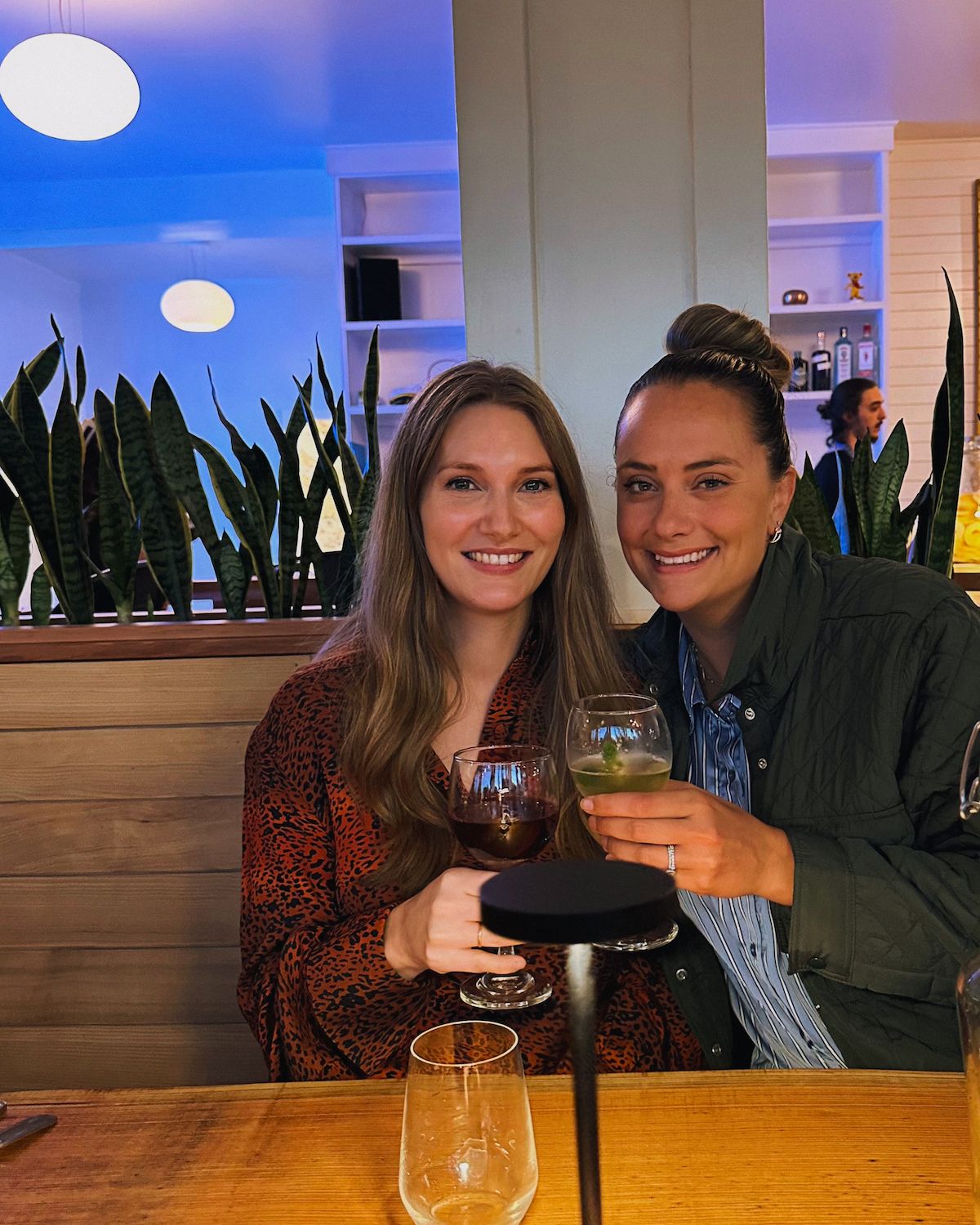 Cec and her friend clinking wine glasses at Off the Hook, a cozy Salt Spring Island restaurant adorned with lush indoor plants.​