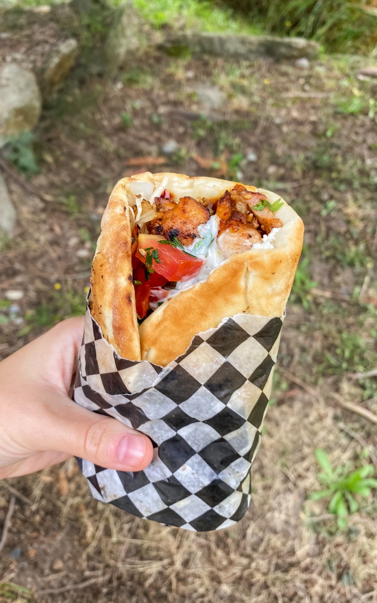 A hand holding a grilled chicken pita wrap filled with tomatoes, herbs, and sauce, wrapped in checkered paper from Flying Black Dog, Galiano Island