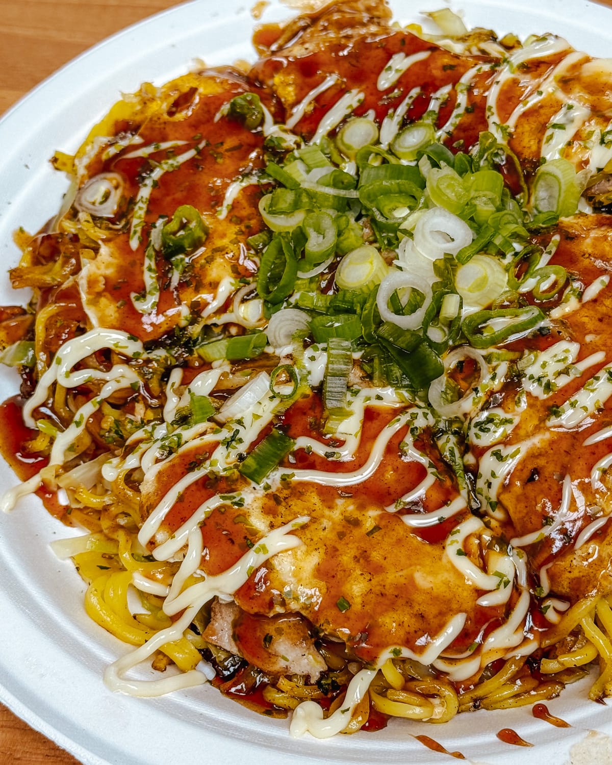 Close-up of okonomiyaki topped with scallions, mayo, and sauce from Kitchen Kodama's food truck in Salt Spring.