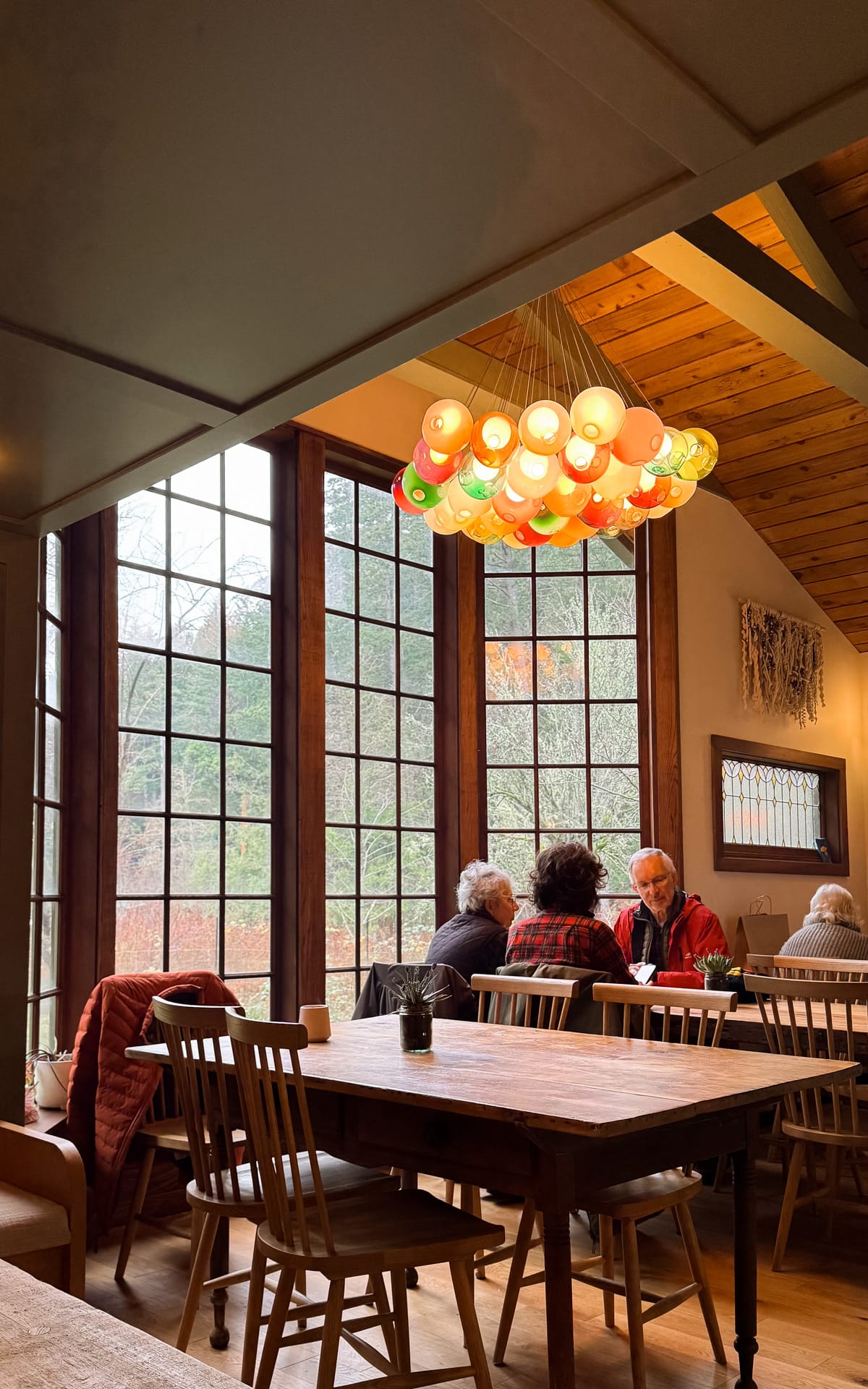 Cafe with large windows showcasing forest views, colourful hanging lights, and diners enjoying their meal.