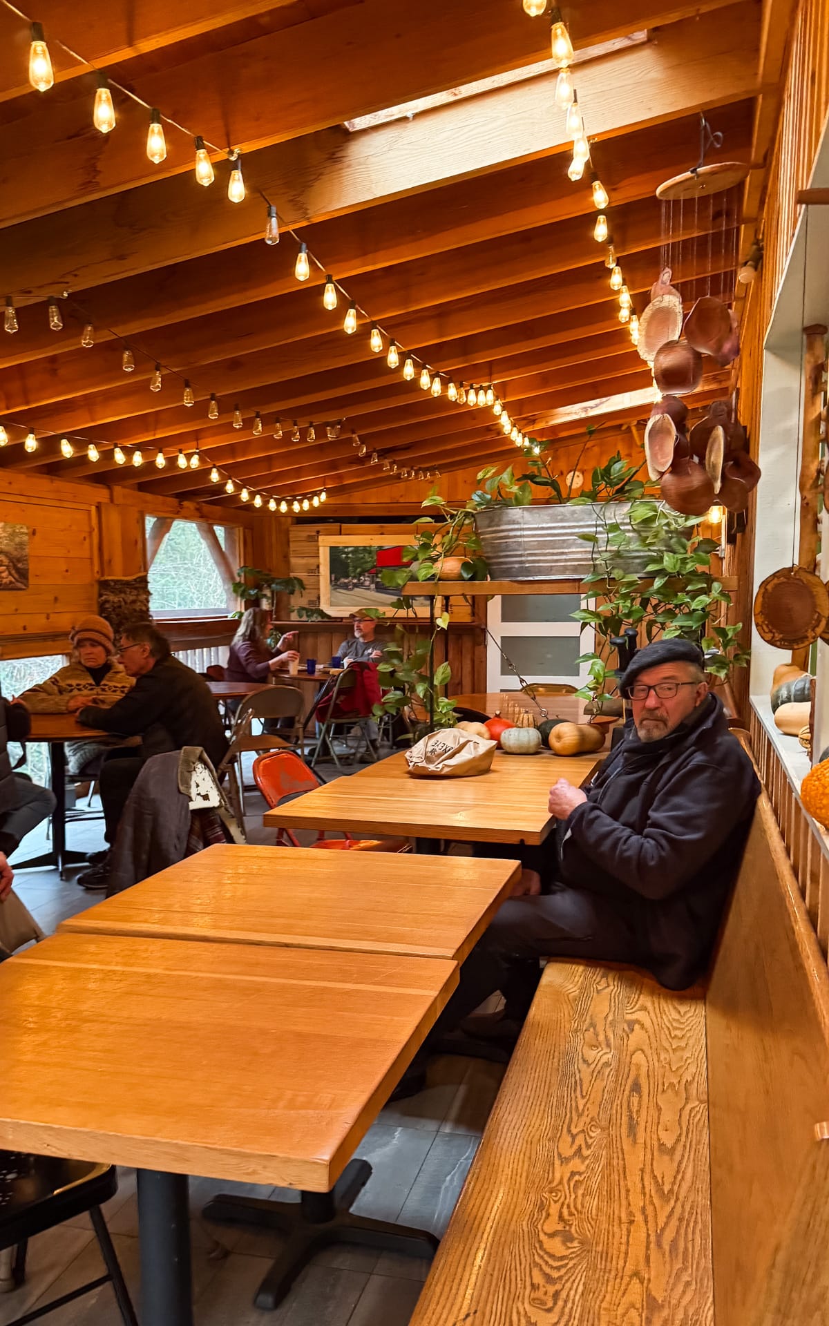 Wooden interior with string lights and cafe goers at the local Oxeye cafe.