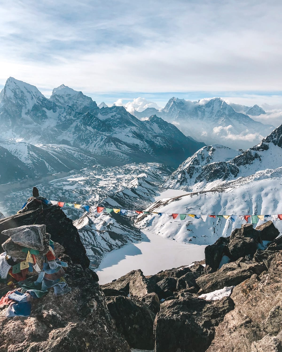Prayer flags strung across the Gokyo Ri summit with a frozen lake and Himalayan mountains in the distance.