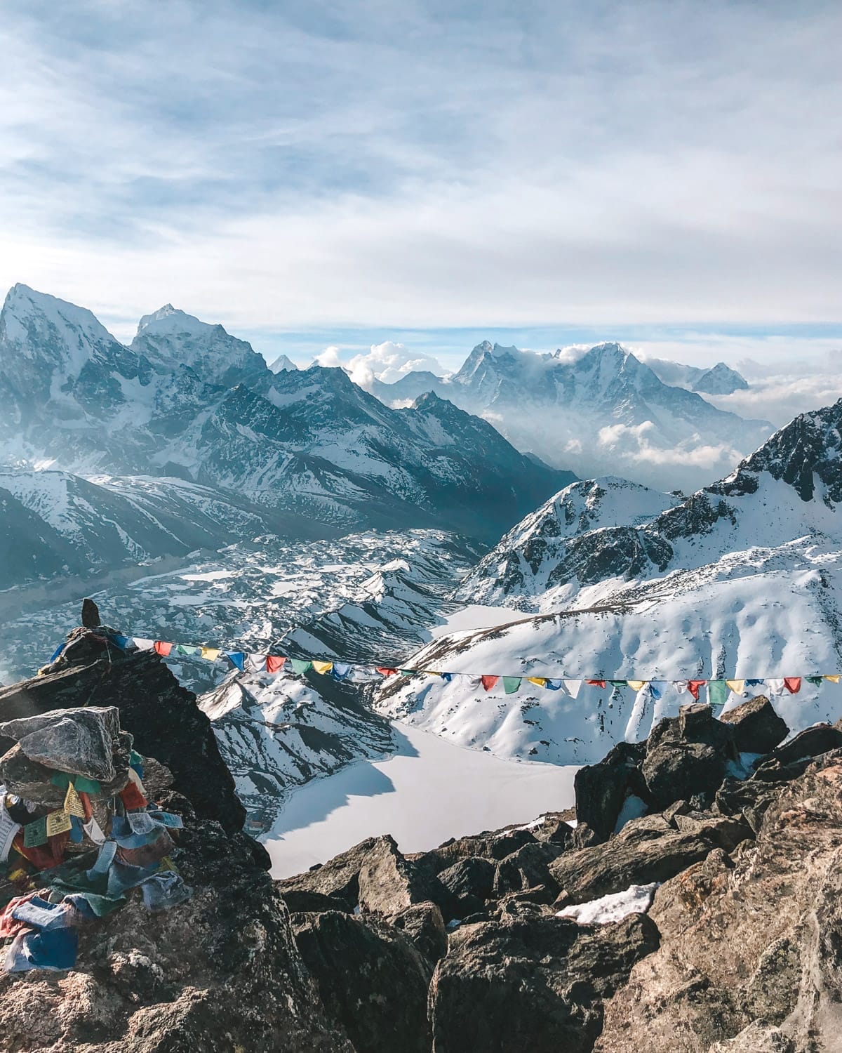 A panoramic view of the snow-covered Himalayas at the summit of Gokyo Ri, with colourful prayer flags fluttering in the foreground.