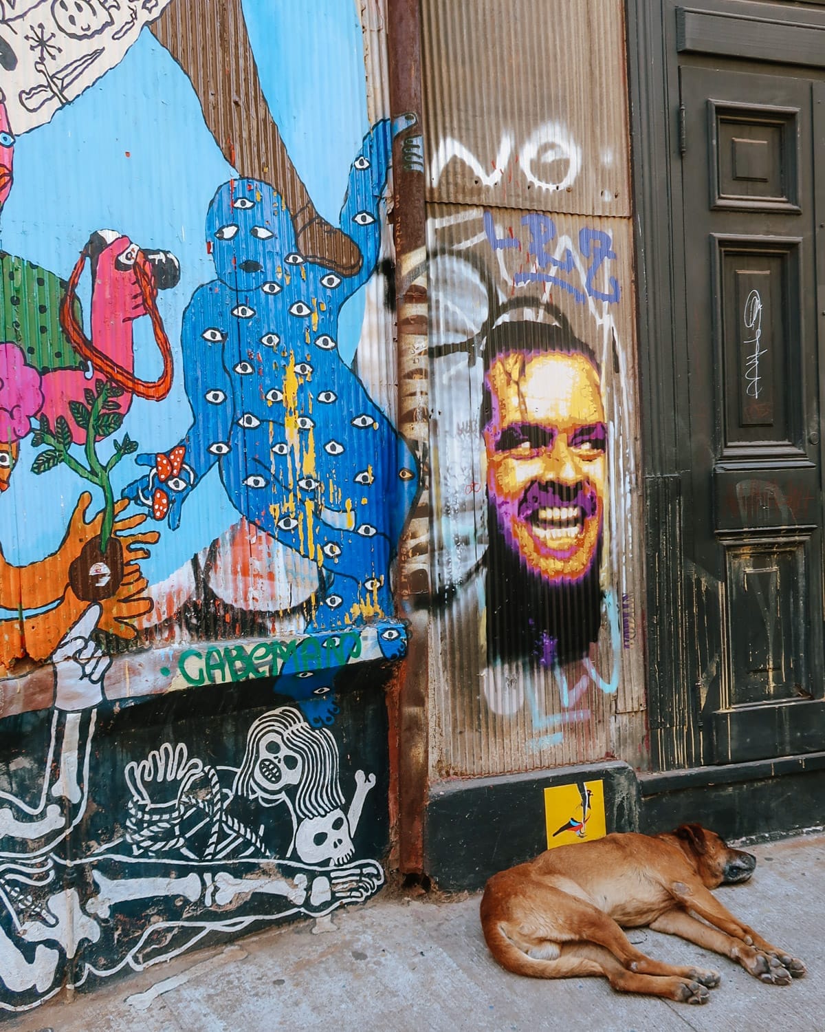 Vibrant street art in Valparaíso featuring abstract figures and Jack from The Shining, and a stray dog sleeping on the street.