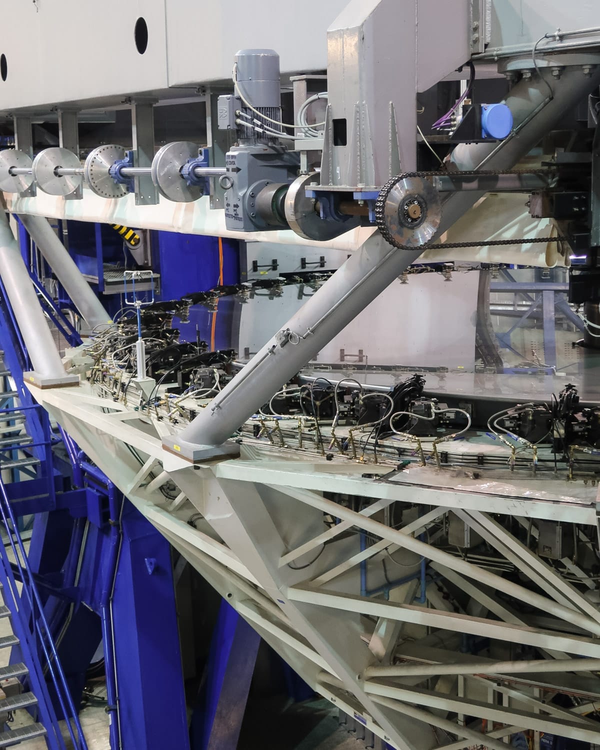 Close-up of mechanical components of the Very Large Telescope  inside the Paranal Observatory in Chile, part of one of the world's most advanced telescopes.