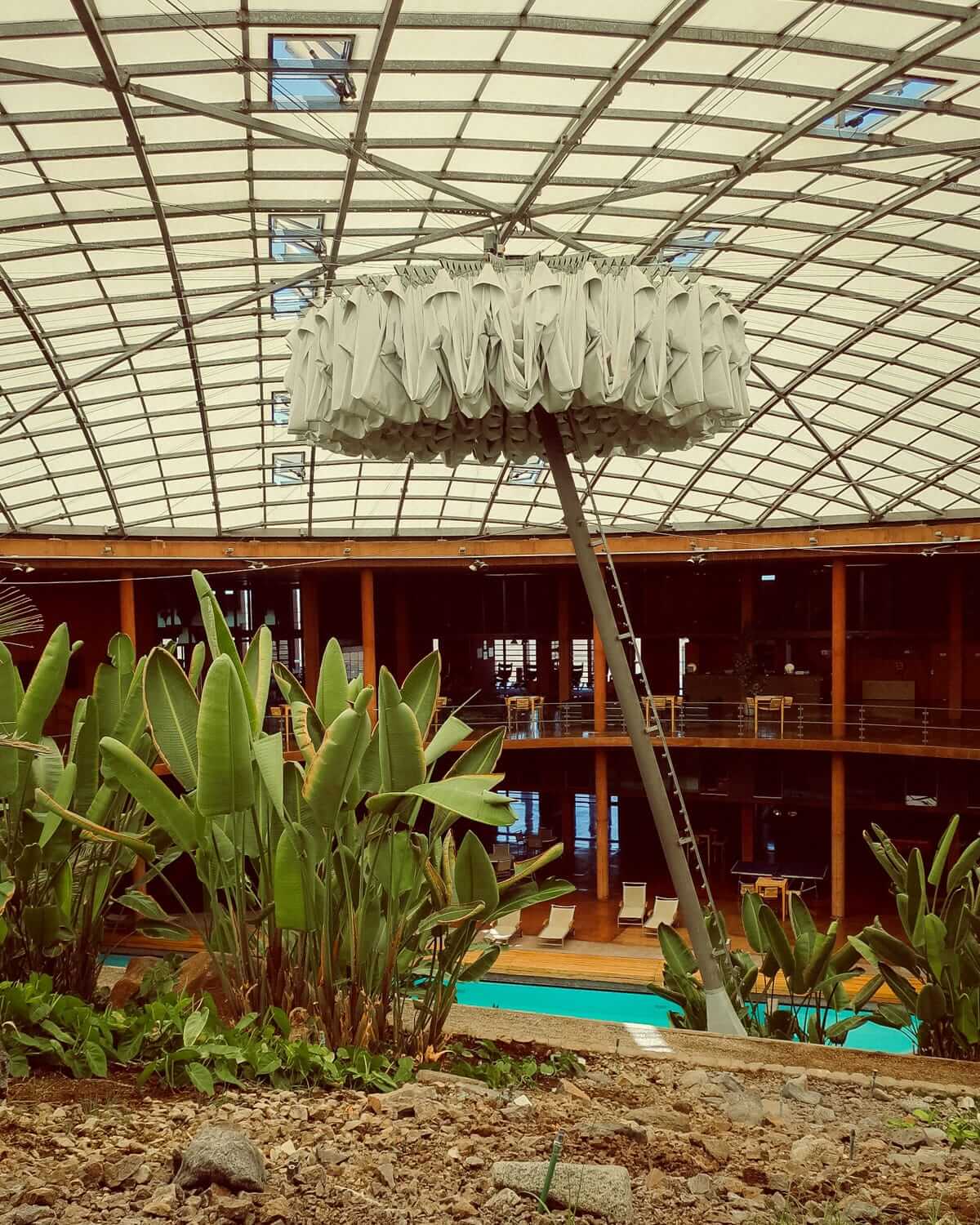 Lush indoor oasis in the astronomers' residence at the Paranal Observatory with tropical plants, a turquoise pool, and an architectural arched glass roof.