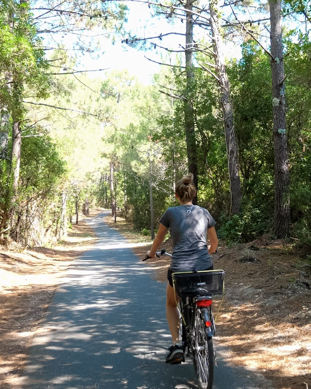 Cec cycling along a shaded forest path in Cap Ferret, surrounded by tall pine trees.