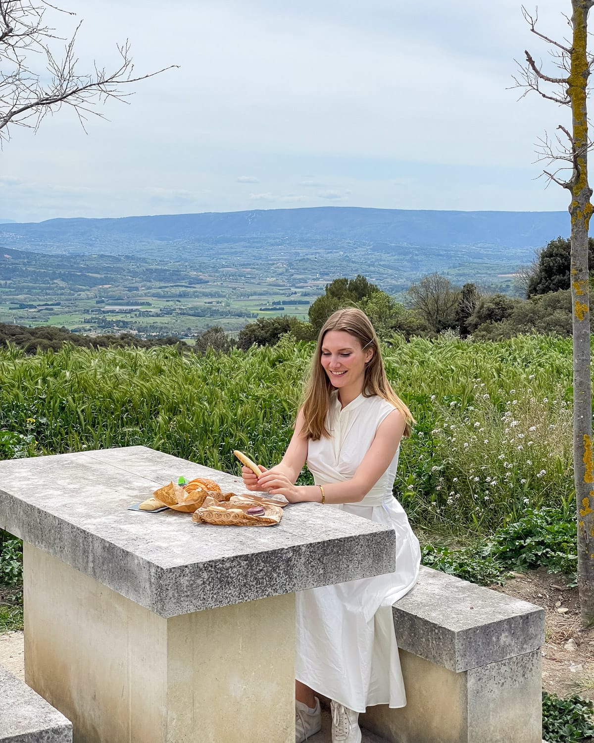 Cec sits at a stone picnic table with fresh pastries and macarons, surrounded by spring fields and valley views in Provence.