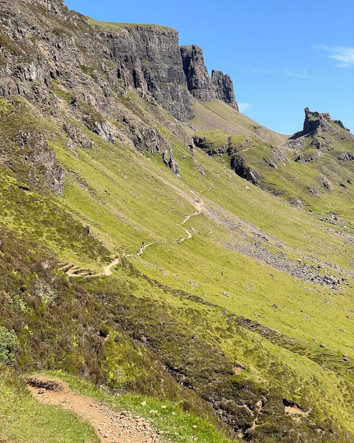 Winding hiking path leading through vivid green slopes and dramatic rock formations on the Isle of Skye.