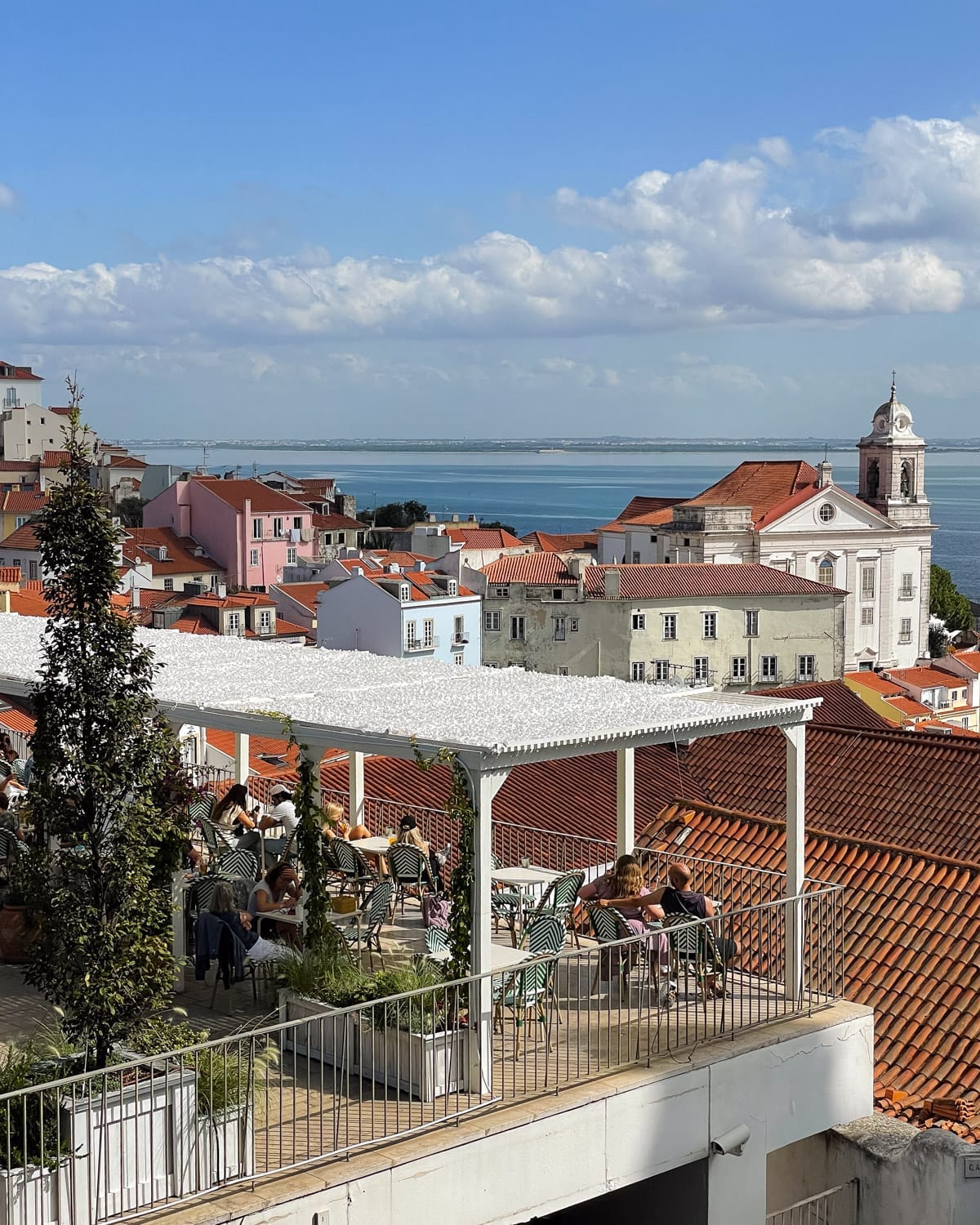 People relax under a shaded terrace on a rooftop cafe with views of Alfama rooftops and the Tagus River in Lisbon.