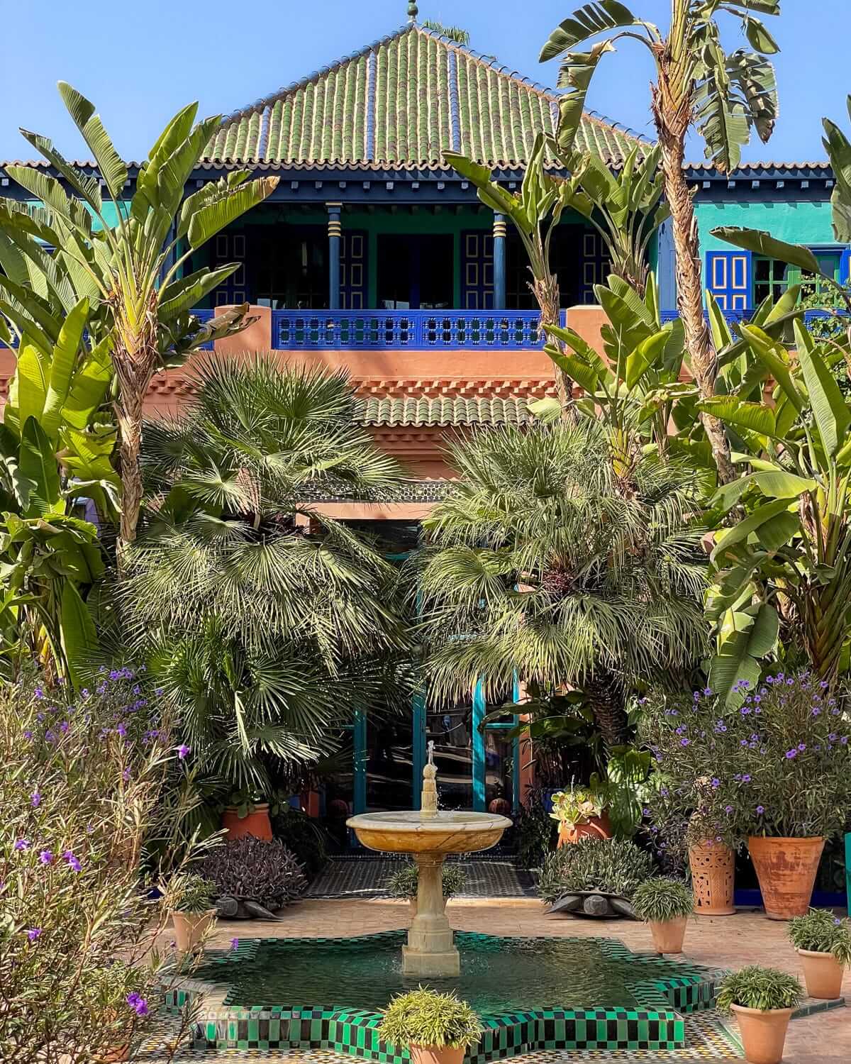 The vibrant Jardin Majorelle in Marrakech, with lush tropical plants, tiled fountain, and colourful architecture.