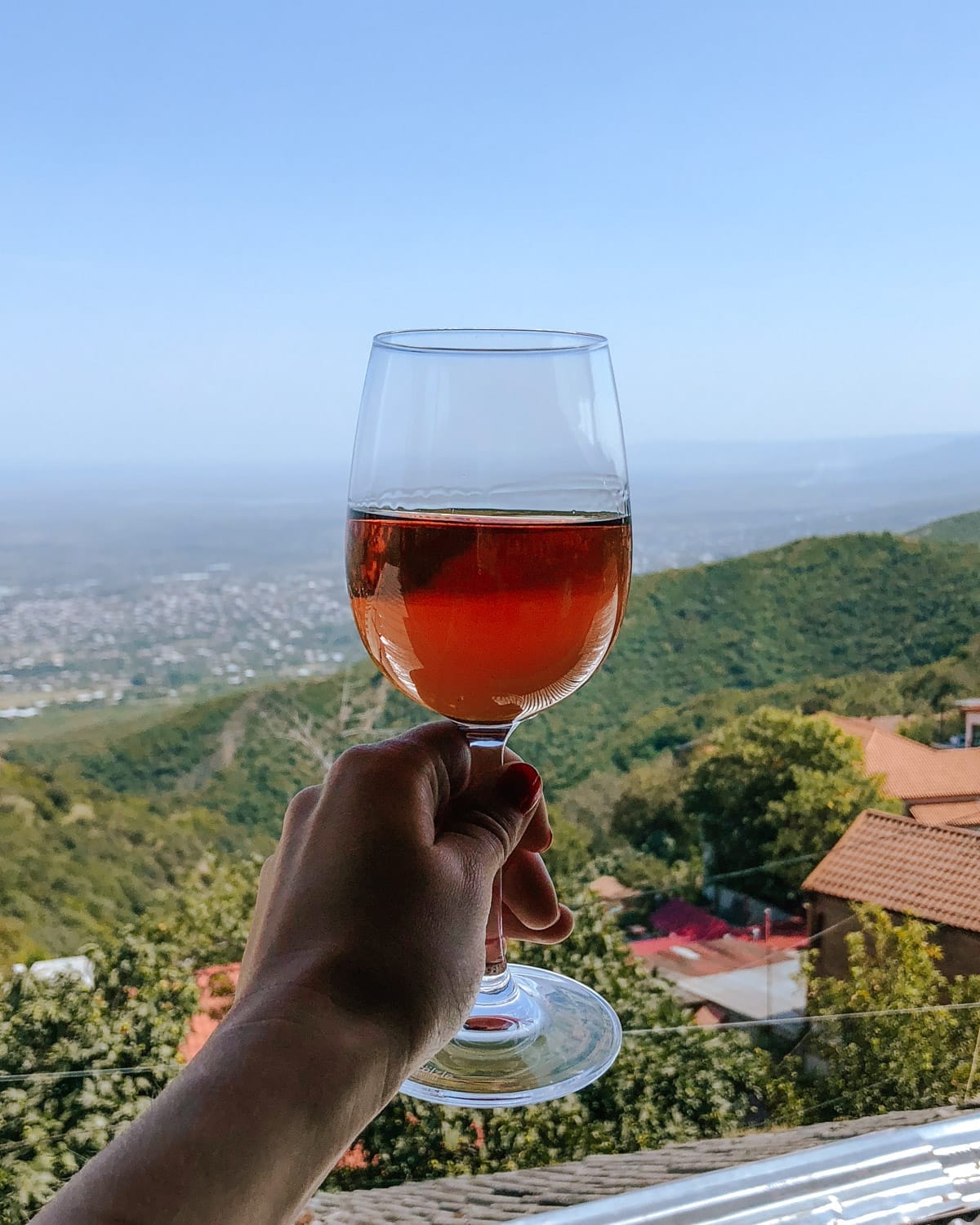A hand holding a glass of Georgian amber wine overlooking the Kakheti wine region's rolling hills and rooftops.