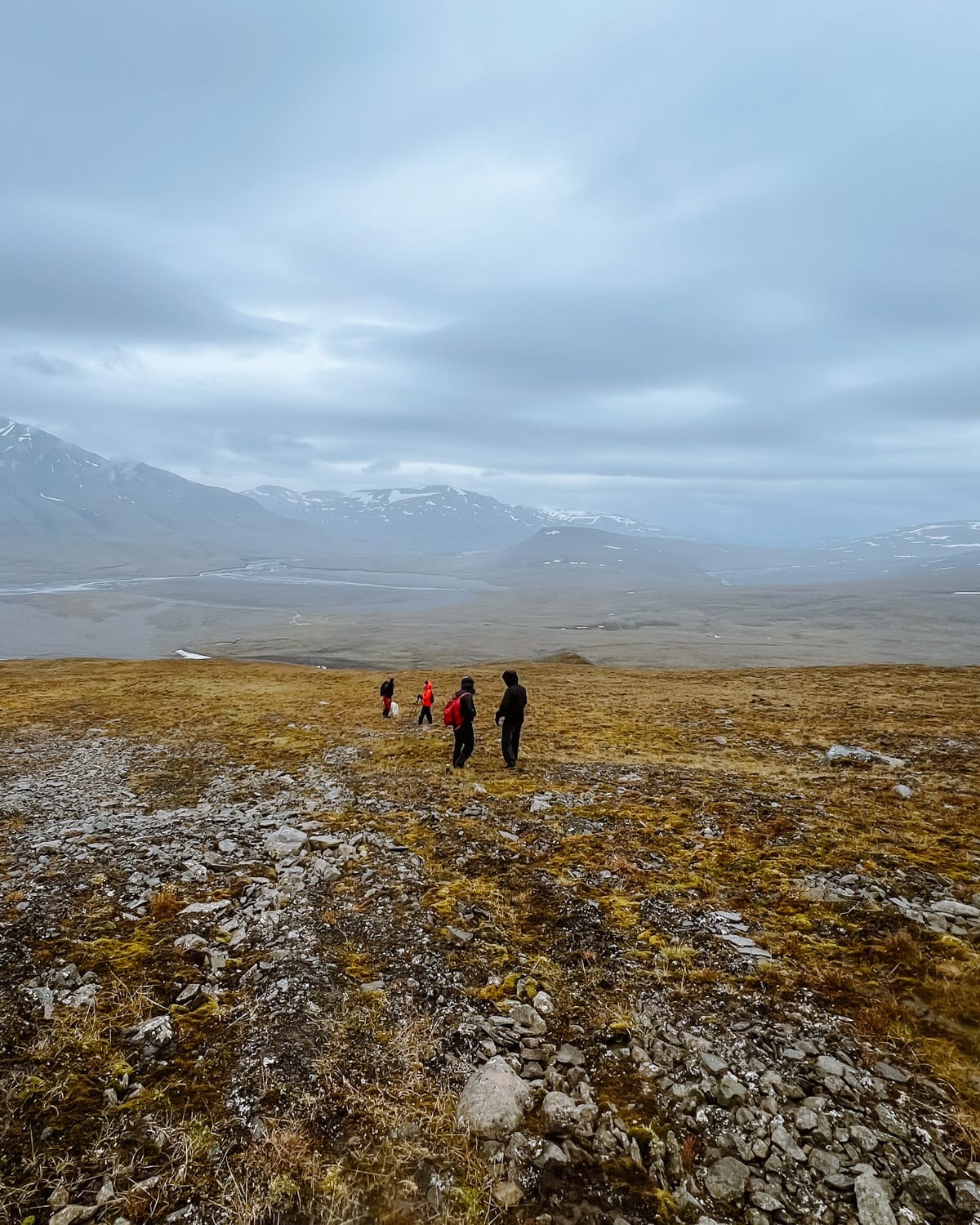 Group of hikers make their way across Svalbard’s remote tundra, surrounded by vast, rugged terrain and clouded peaks.