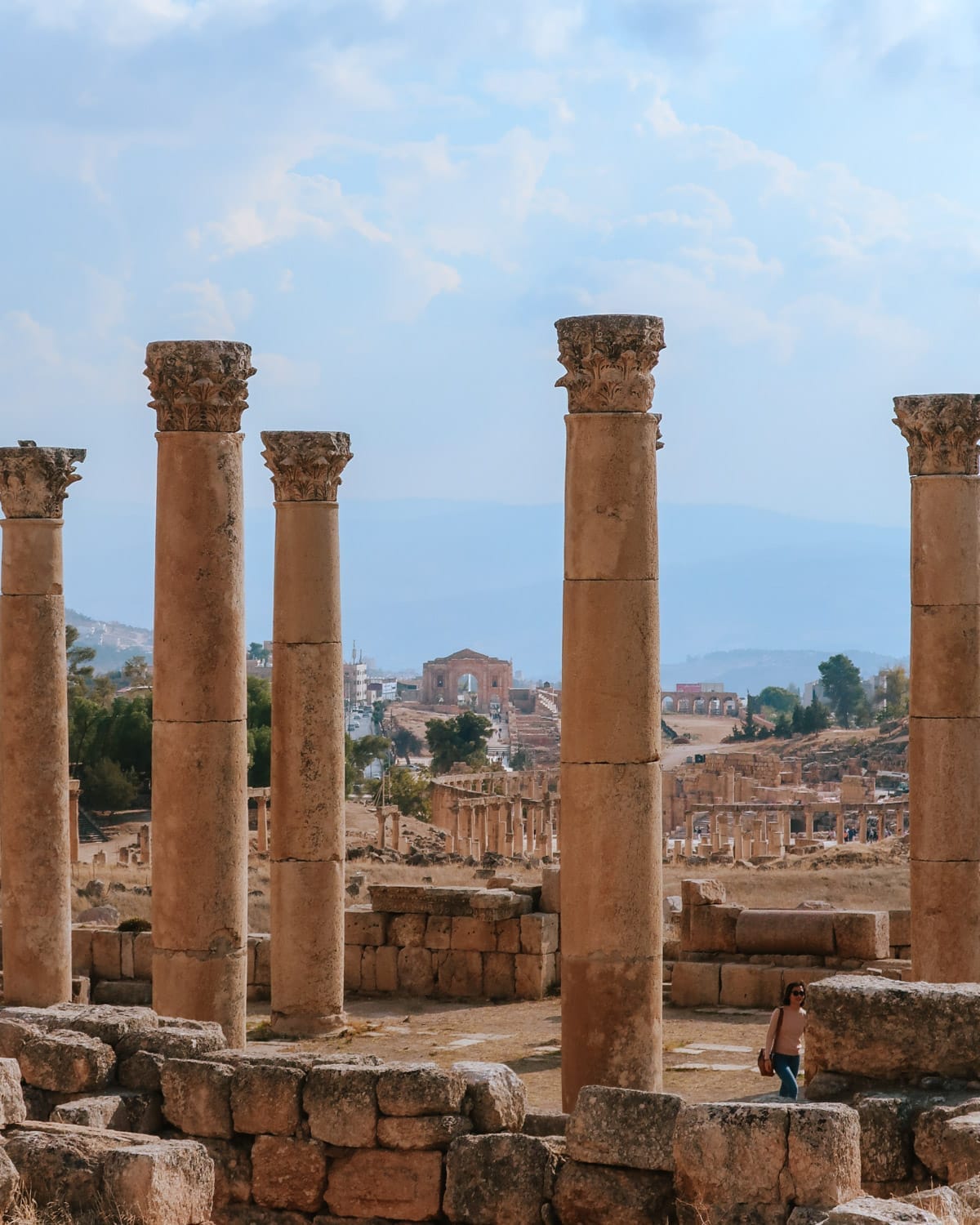 Stone columns and ruins at Jerash, Jordan, one of the best-preserved ancient Roman cities.