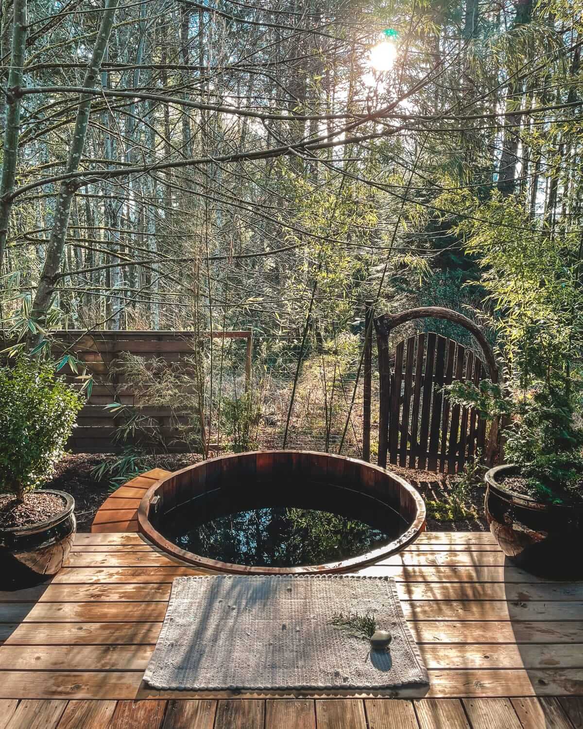 Cedar plunge pool on a wooden deck surrounded by forest trees, dappled with sunlight and enclosed by a rustic gate on Salt Spring Island.