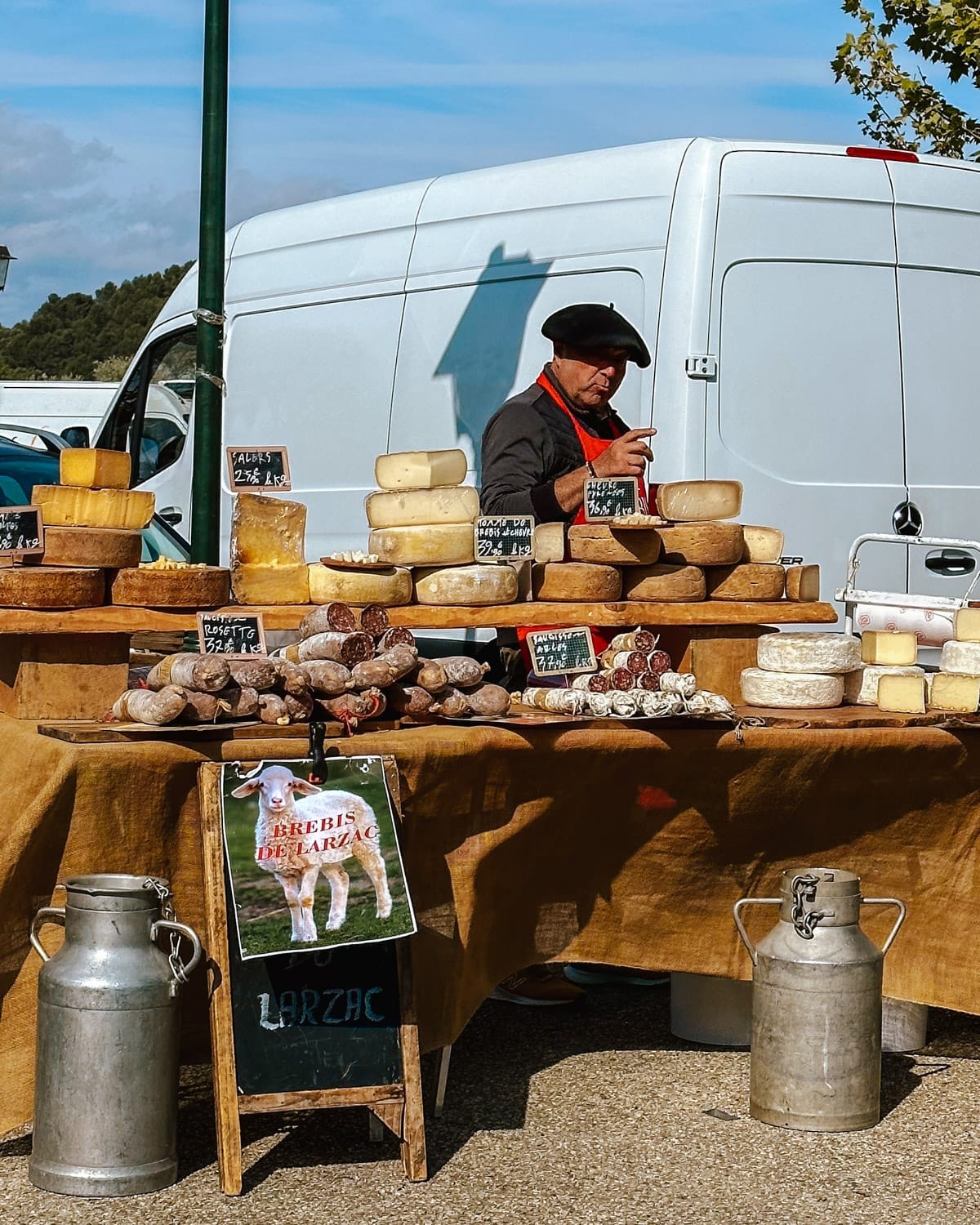 Cheese and cured meats vendor at a bustling village market in Provence under sunny skies.