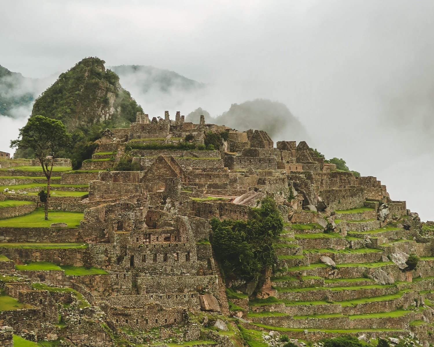 Ancient stone terraces and ruins of Machu Picchu in Peru rise through low-hanging clouds against misty mountain peaks.