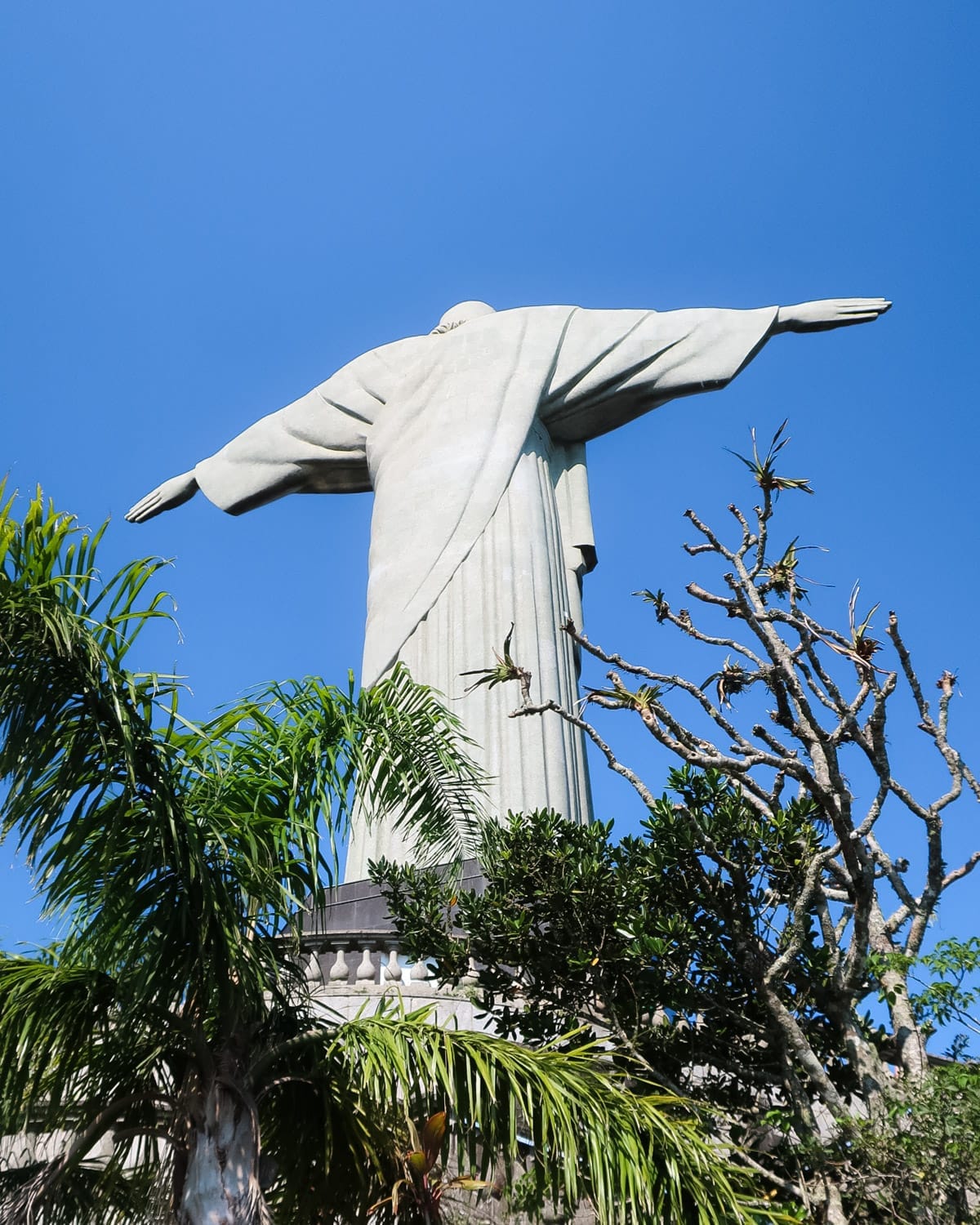 Back view of Christ the Redeemer statue in Rio de Janeiro, framed by trees and a bright blue sky.