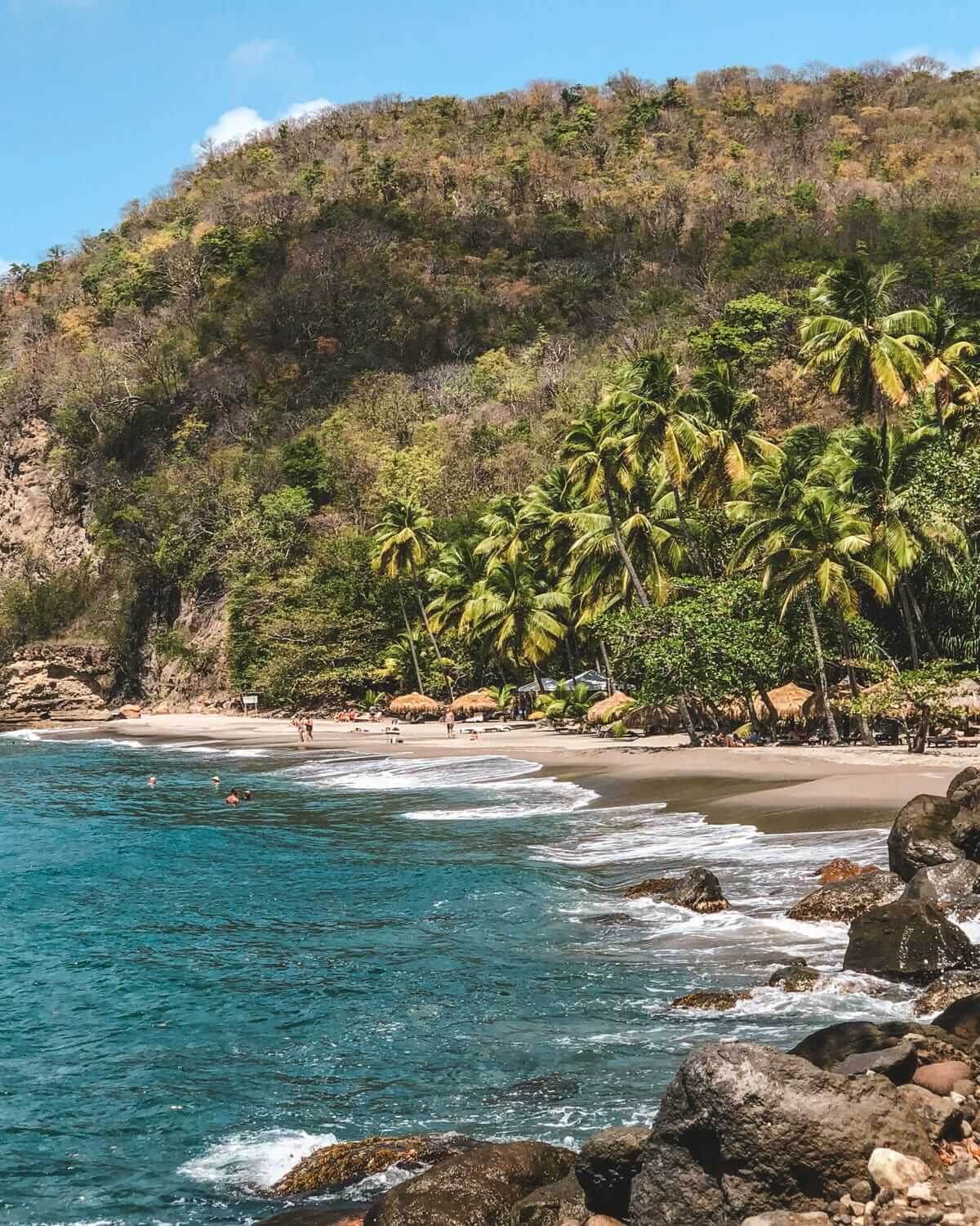 Waves gently hit a quiet beach in St. Lucia, bordered by palm trees and a lush green hillside under a bright blue sky.