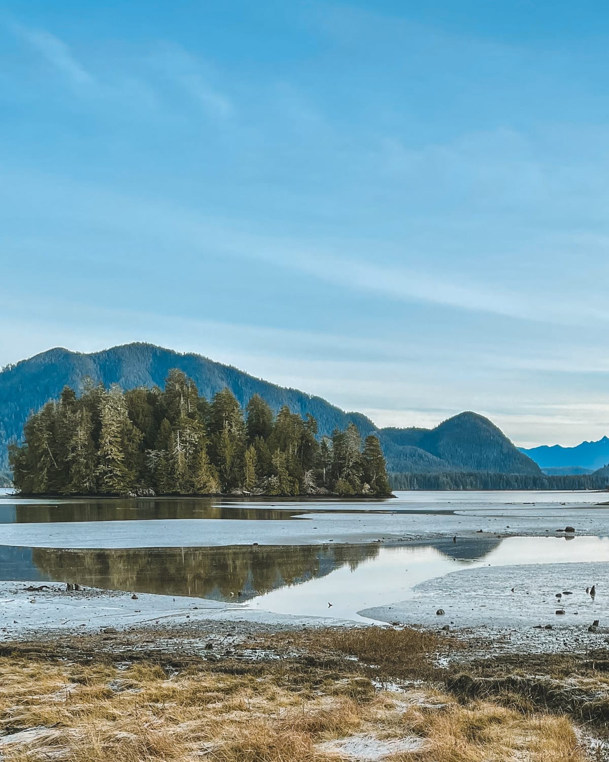 Small forested island reflects in the shallow tidal waters of a quiet, sandy bay on the rugged coast of Tofino, British Columbia.