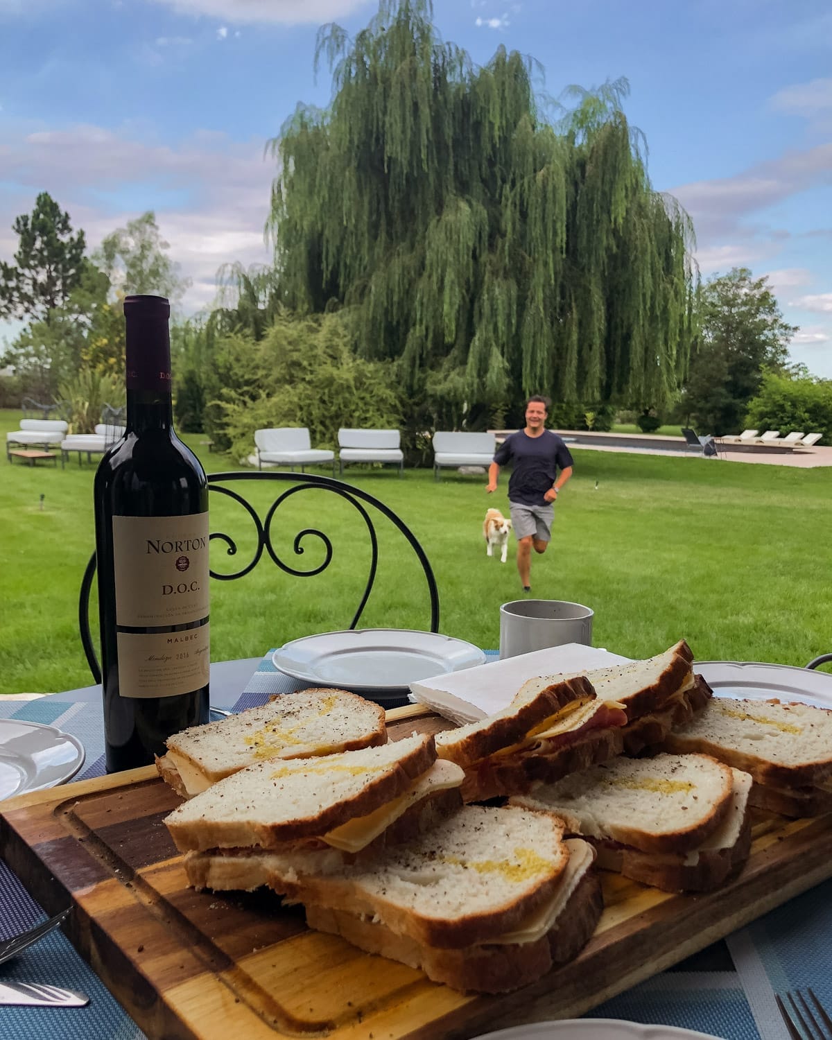 Wooden board stacked with sandwiches beside a bottle of Norton Malbec wine and Ari and a dog running across the lawn in the distance.