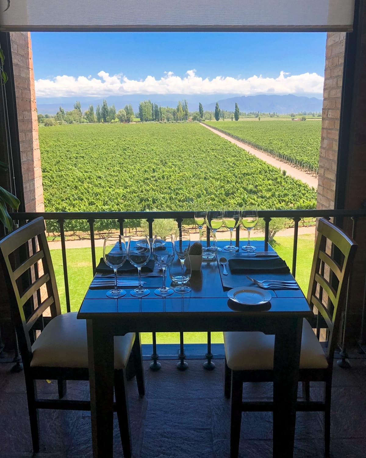 Elegant dining setup for two at Belasco Baquedano Winery overlooking a lush vineyard and long dirt path toward distant trees and mountains.