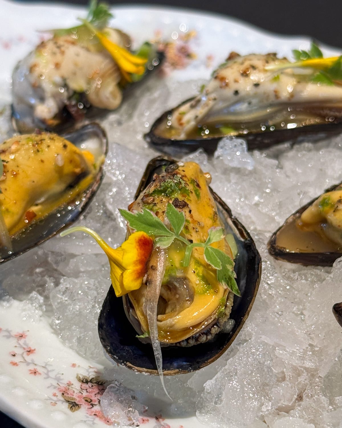 Close-up of mussels on a bed of crushed ice at Misera, garnished with herbs and edible flowers.