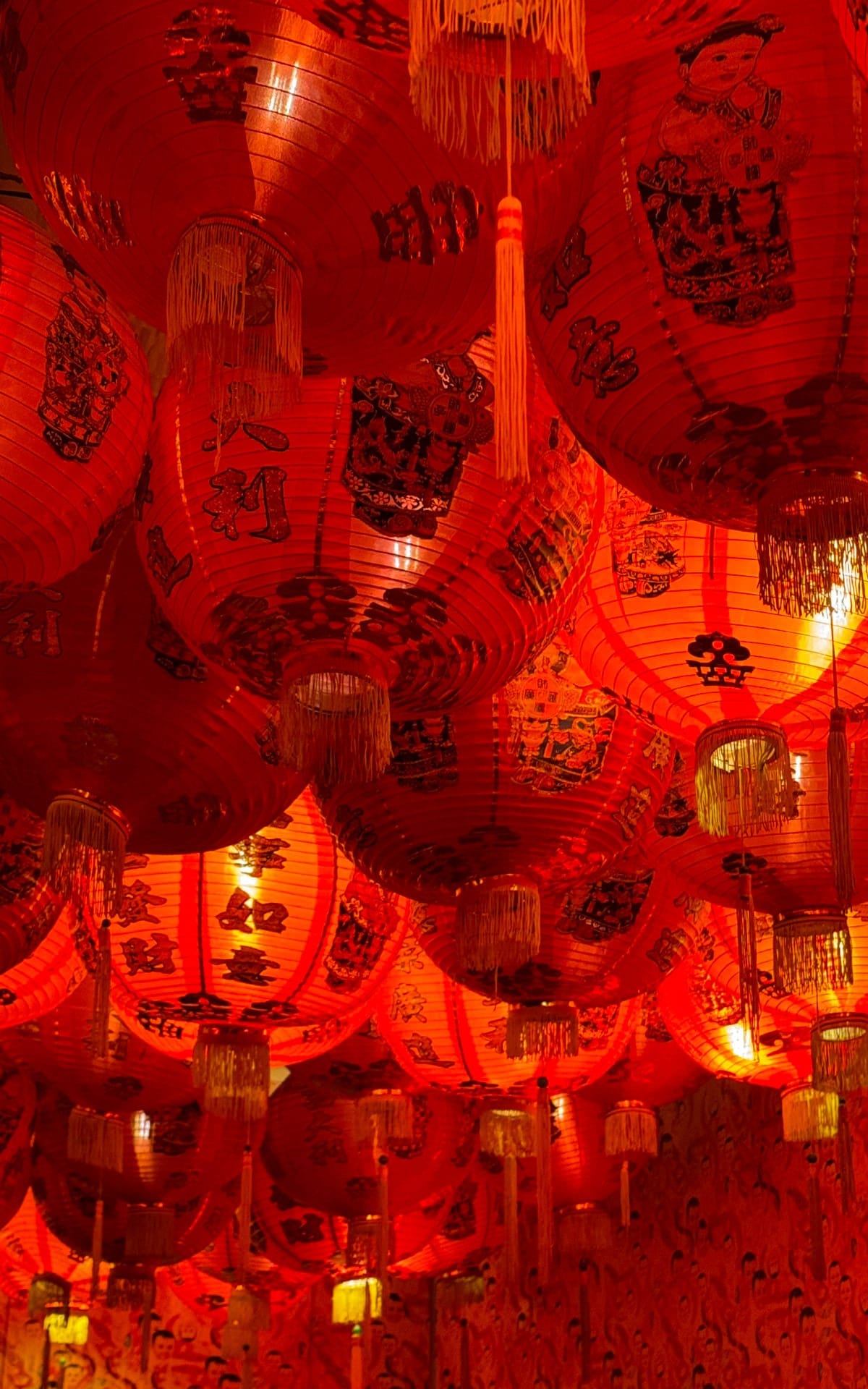 Ceiling filled with glowing red lanterns decorated with symbols and illustrations at Nino Gordo.