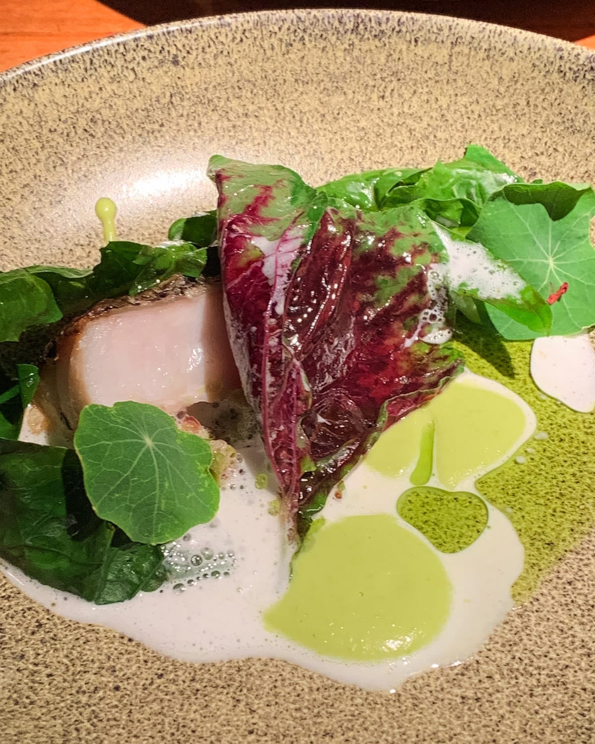 A gourmet plate with tender fish topped with fresh greens and served with a vibrant green sauce at Aramburu.