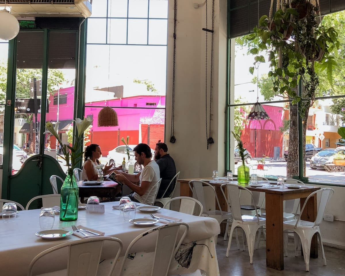 Bright Artemisia cafe with plants and a colourful street view of Palermo.
