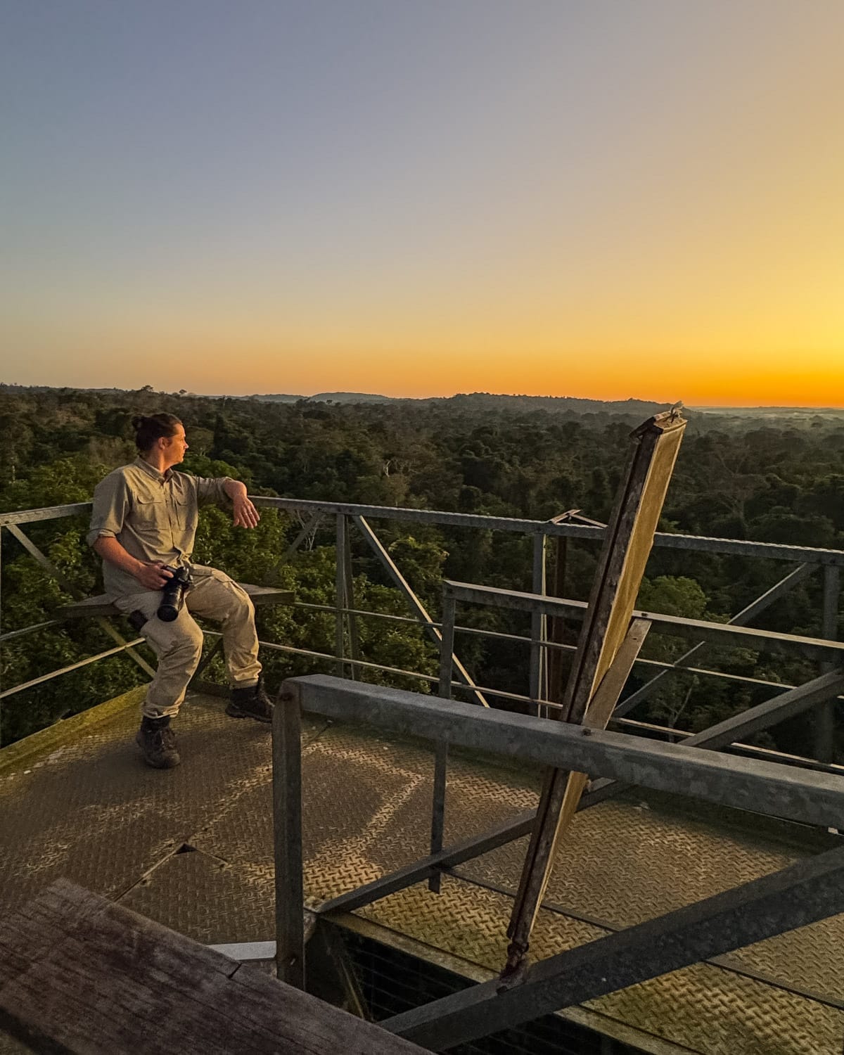 Ari sitting on a high canopy tower at sunrise, overlooking the Amazon rainforest at Cristalino Lodge.