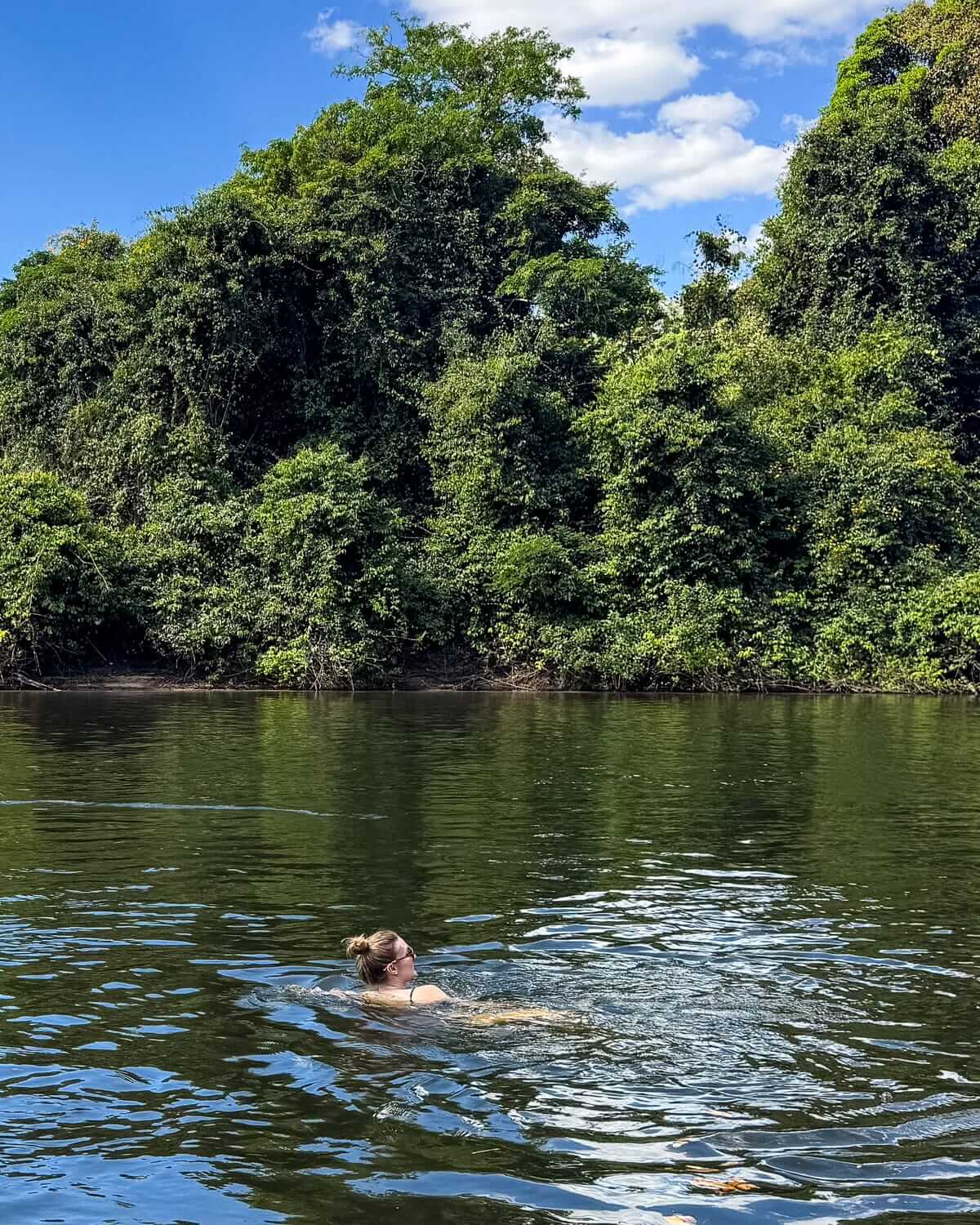Cec swimming in a calm river surrounded by dense Amazon jungle.