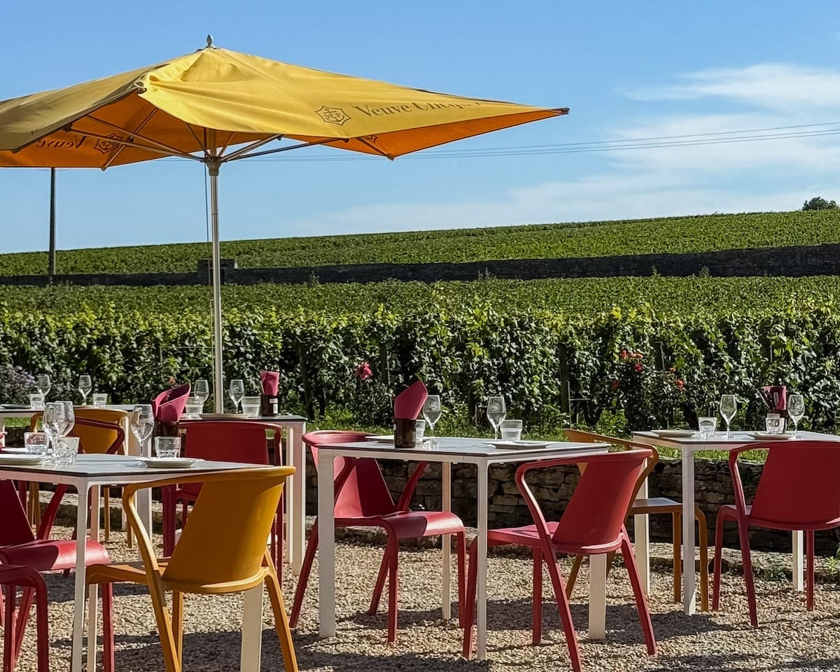 Outdoor dining terrace at Clos du Moulin aux Moines with colourful tables set among the vines.