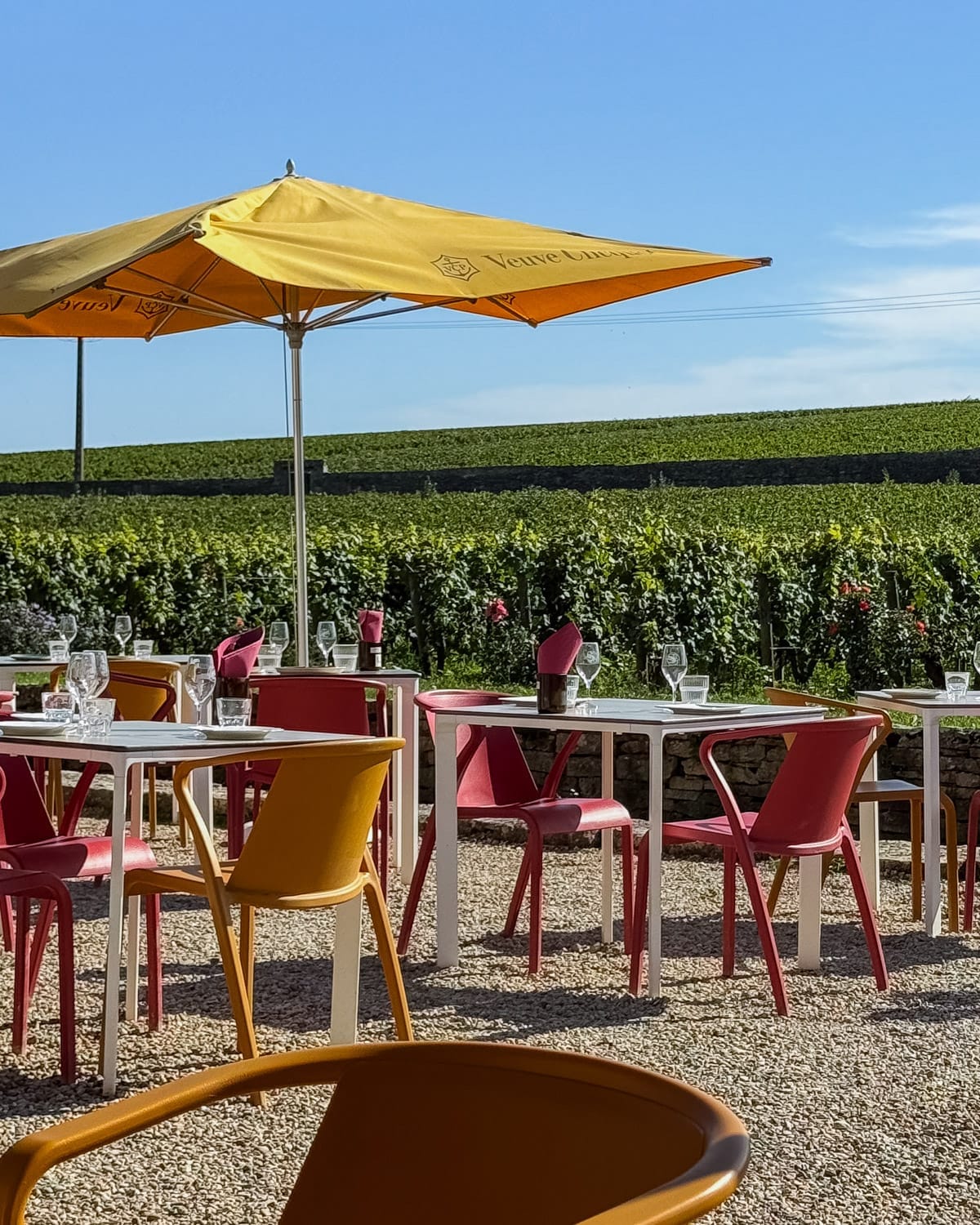 Outdoor dining terrace at Clos du Moulin aux Moines with colourful tables set among the vines.