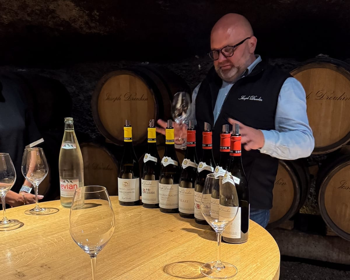 Guided wine tasting at Maison Joseph Drouhin in Beaune with bottles lined up in front of oak barrels.