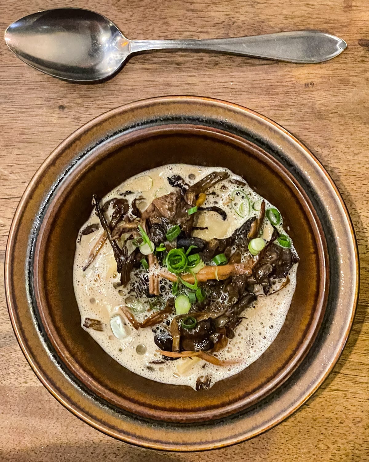 Mushroom dish with foam and herbs in a ceramic plate at Nolla Restaurant.