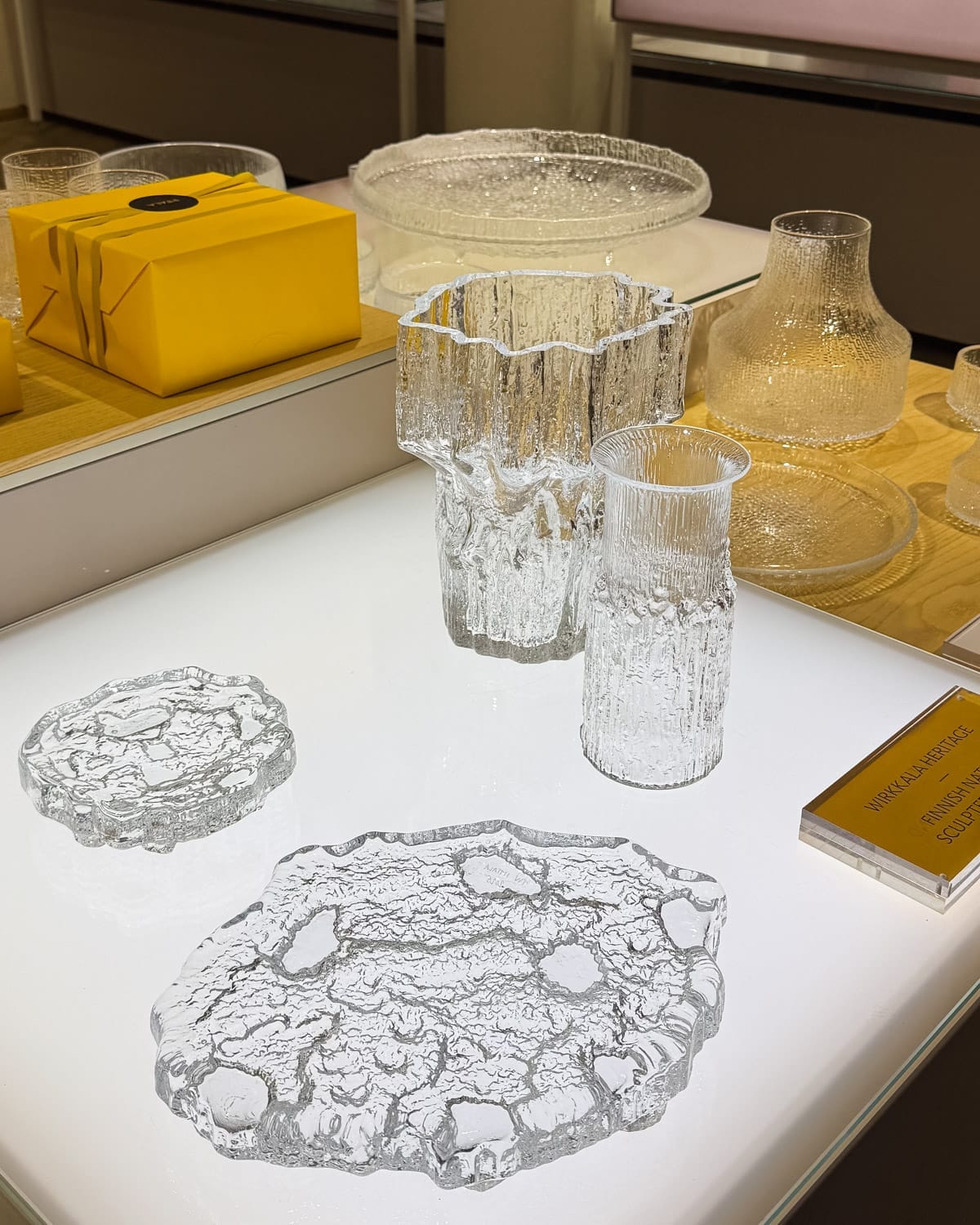 Sculptural Finnish glassware displayed at Iittala.