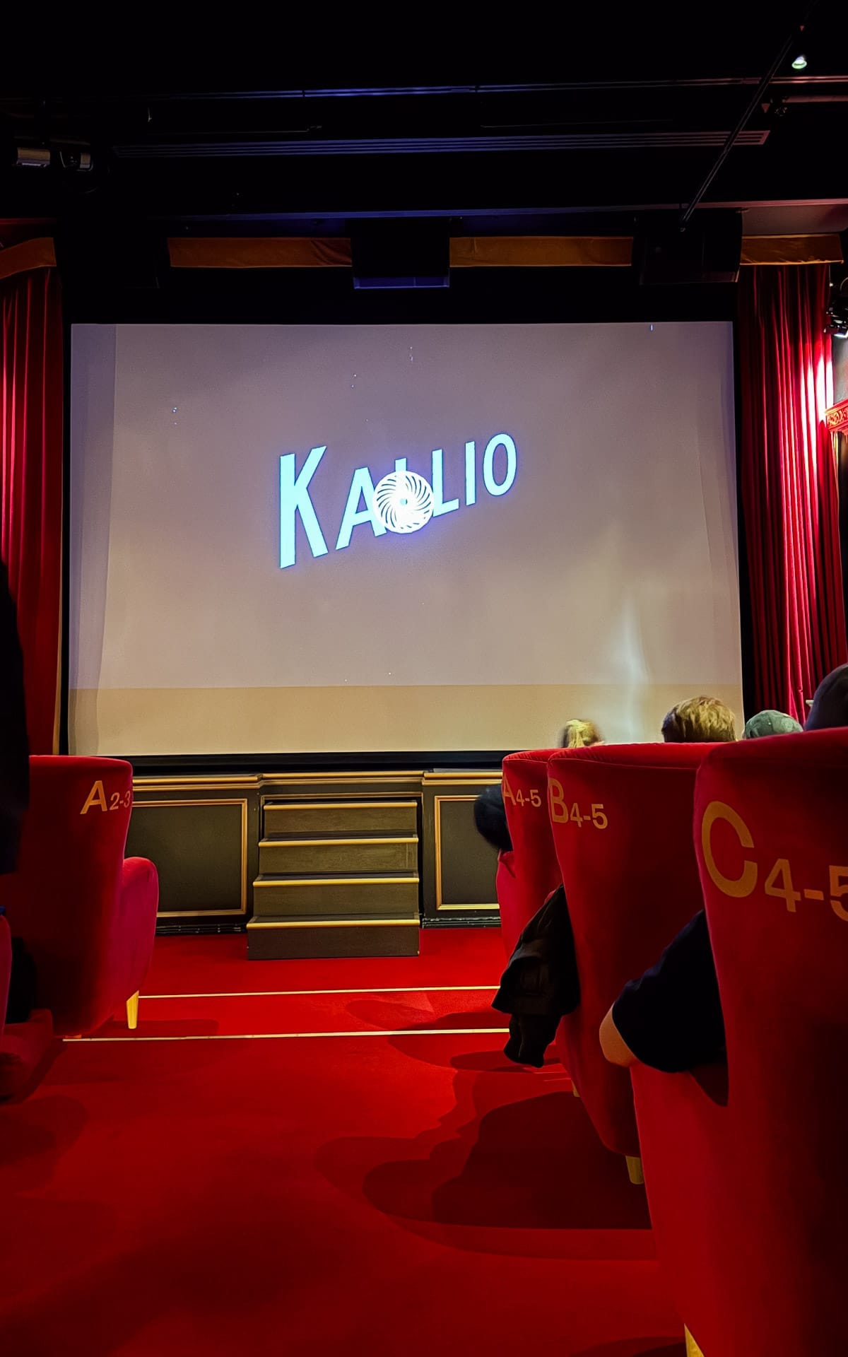 Retro red velvet cinema seats at Riviera Cinema in Kallio before a film screening.
